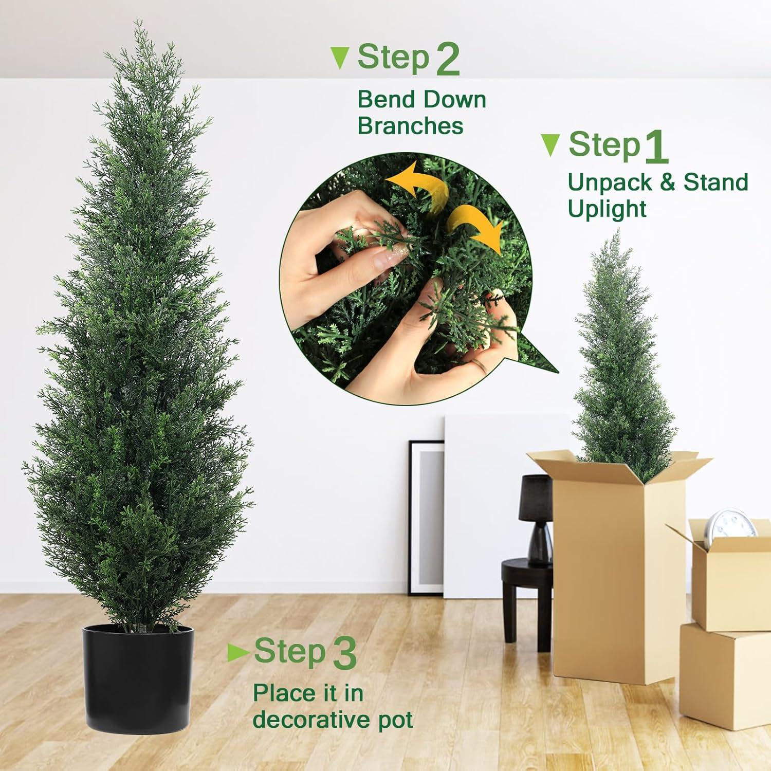 4FT 2-Pack Artificial Cedar Topiary Trees UV Resistant Potted Shrubs Fake Plants, Faux Pine Tree Plant for Home Office Garden Front Porch Patio Indoor Outdoor Party Wedding  Decor
