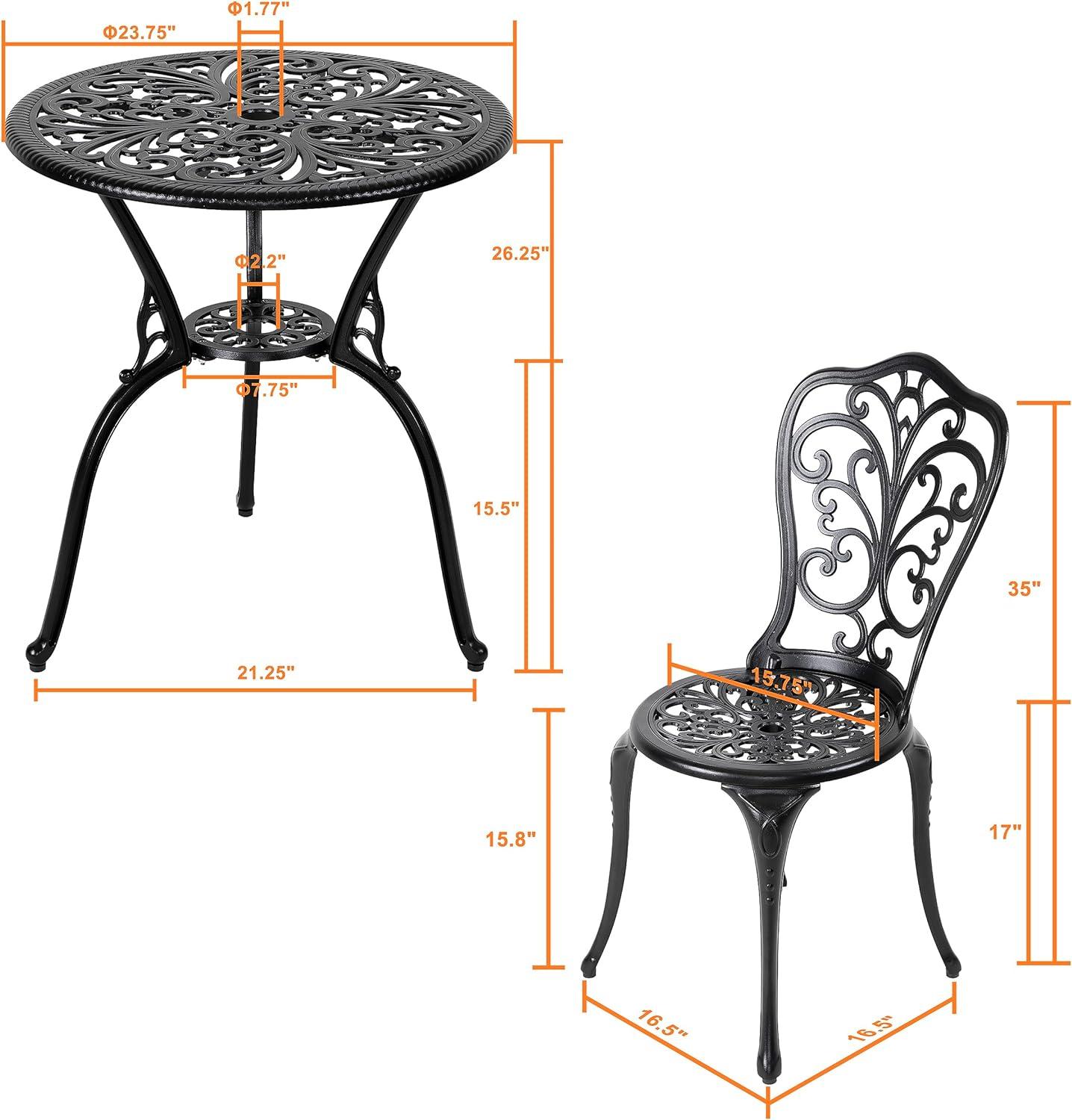 Black Cast Aluminum 3-Piece Outdoor Bistro Set with Floral Design