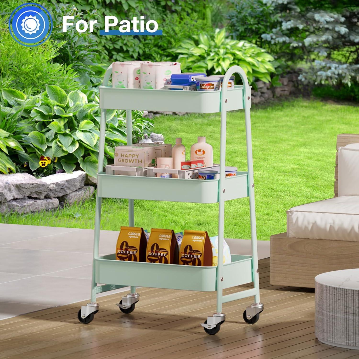 Green Metal 3-Tier Rolling Utility Cart with Lockable Wheels