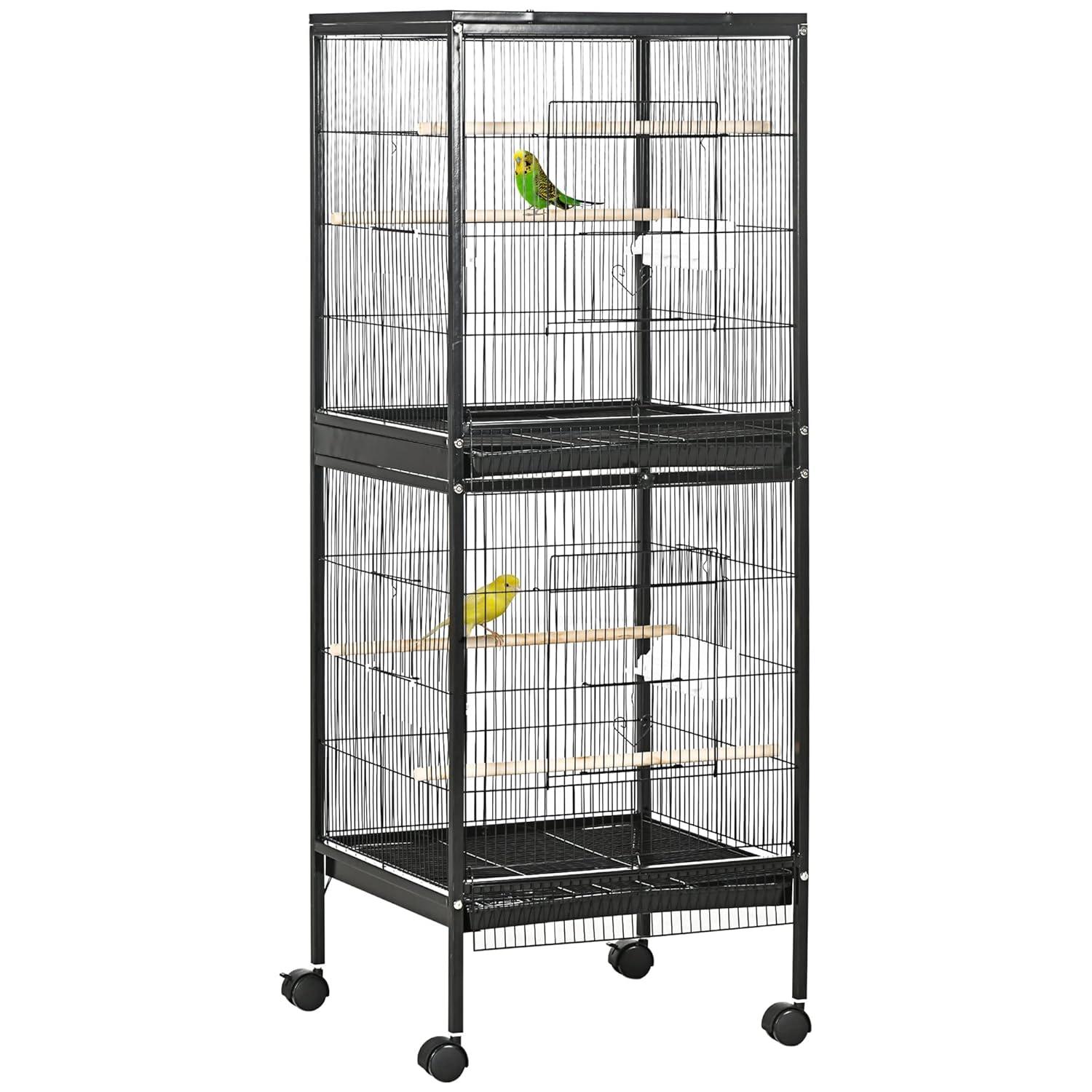 PawHut 55" 2 In 1 Bird Cage Aviary Parakeet House for finches, budgies with Wheels, Slide-out Trays, Wood Perch, Food Containers, Black