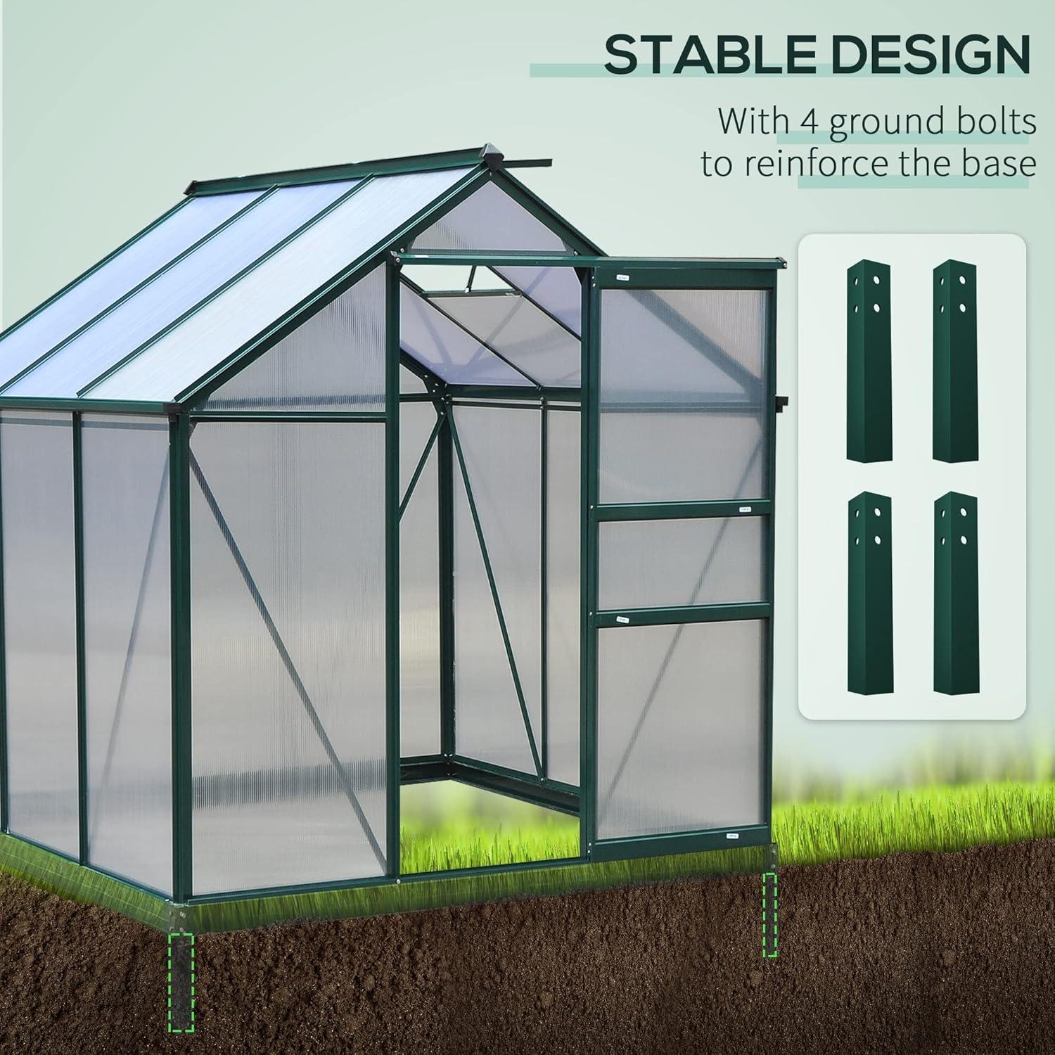 Outsunny 6' x 4' Greenhouse for Outdoors, Polycarbonate Greenhouse with Rain Gutter and Roof Vent, Aluminum Walk-in Green Houses for Outside for Patio Backyard Garden, Dark Green