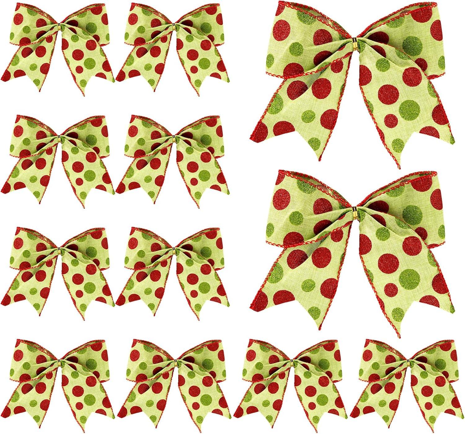 Set of 12 Large Red and Green Polka Dot Christmas Bows