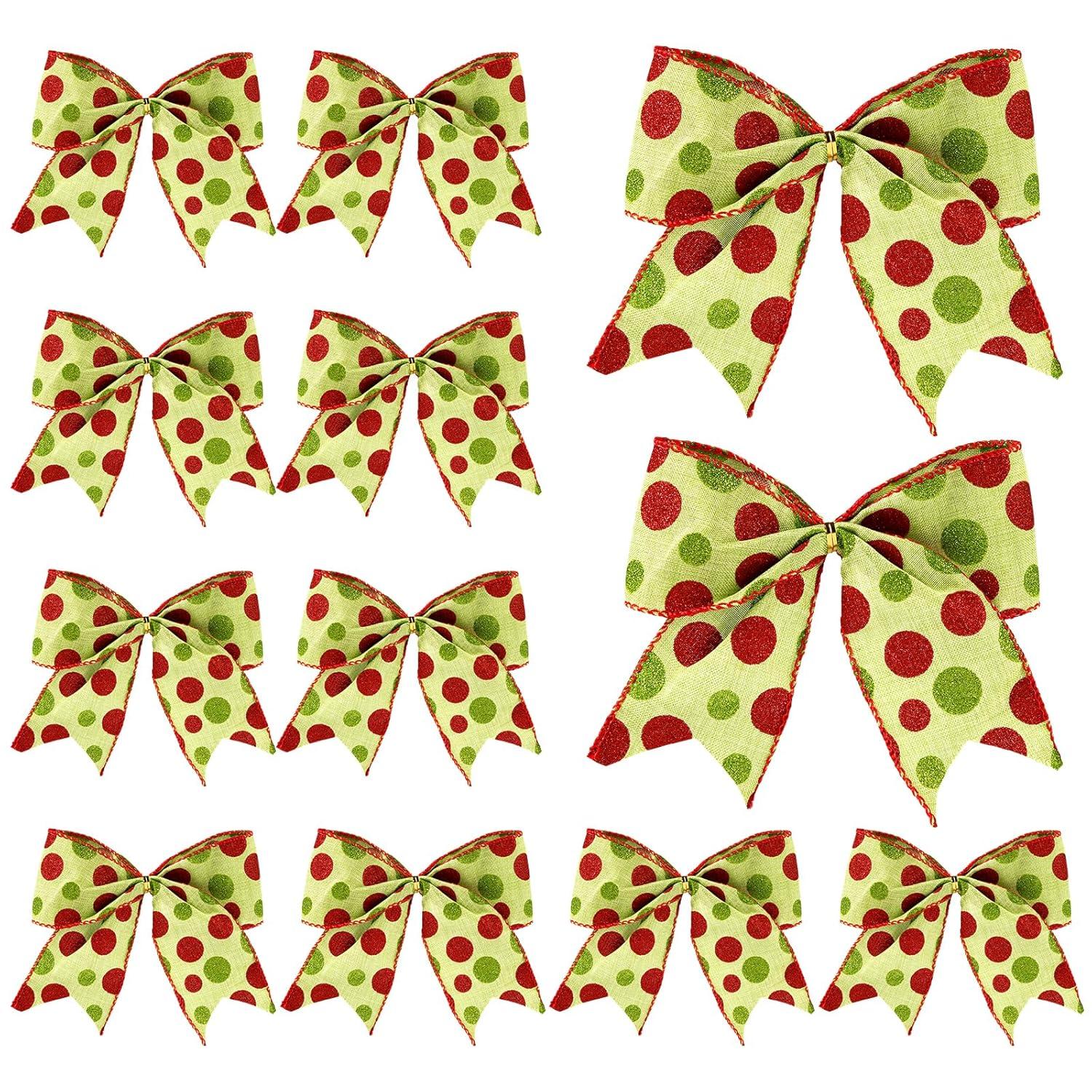 Sandistore Cute Cars 12pcs Christmas Tree Bows Ornaments 6 Inch Large Christmas Wreath Bows Red Green Xmas Tree Bows Christmas Glitter Dot Bows Ribbons Decoration For Garland Diamonds for Crafts