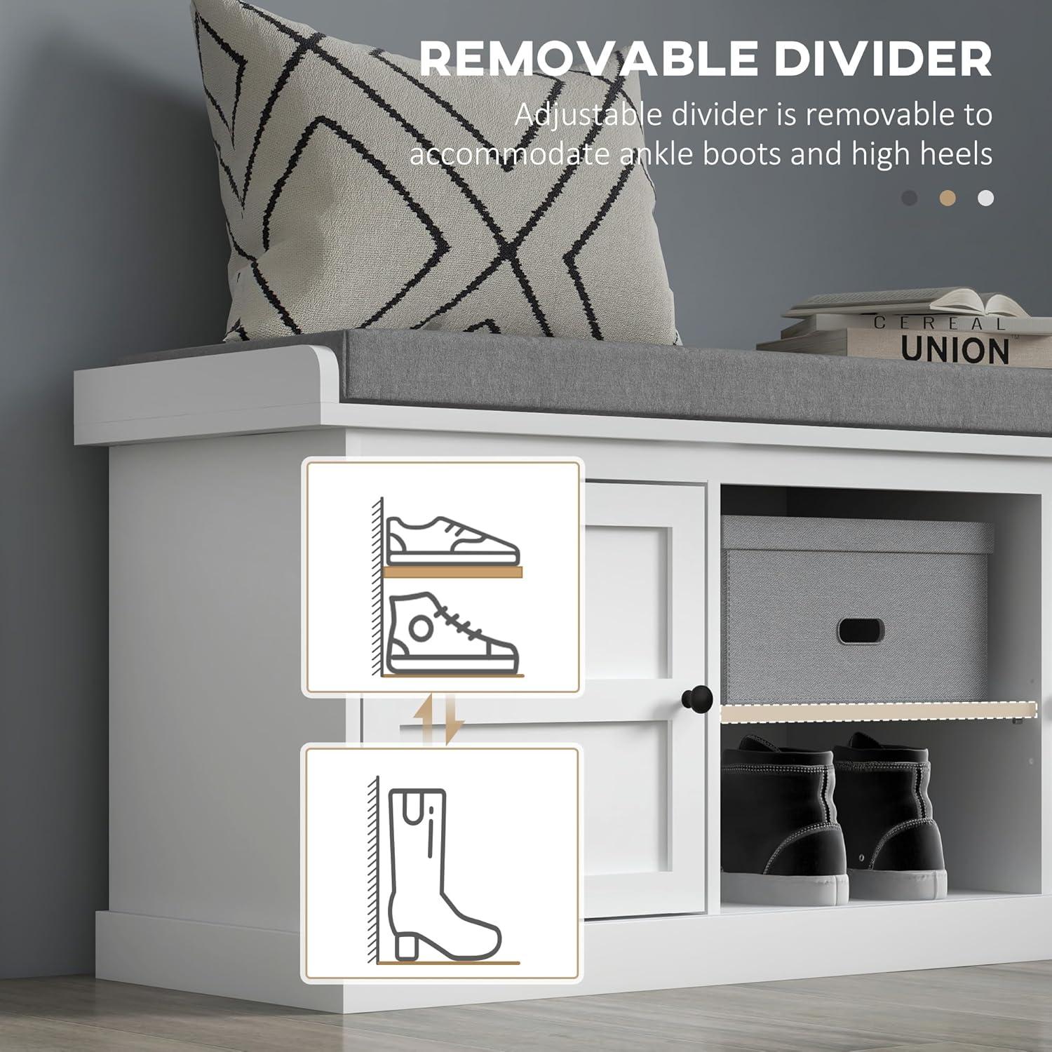 HOMCOM Shoe Bench with Cushion, Storage Bench for Entryway with Padded Seat, 2 Cabinets and Adjustable Shelf for Hallway, Living Room, Bedroom, White