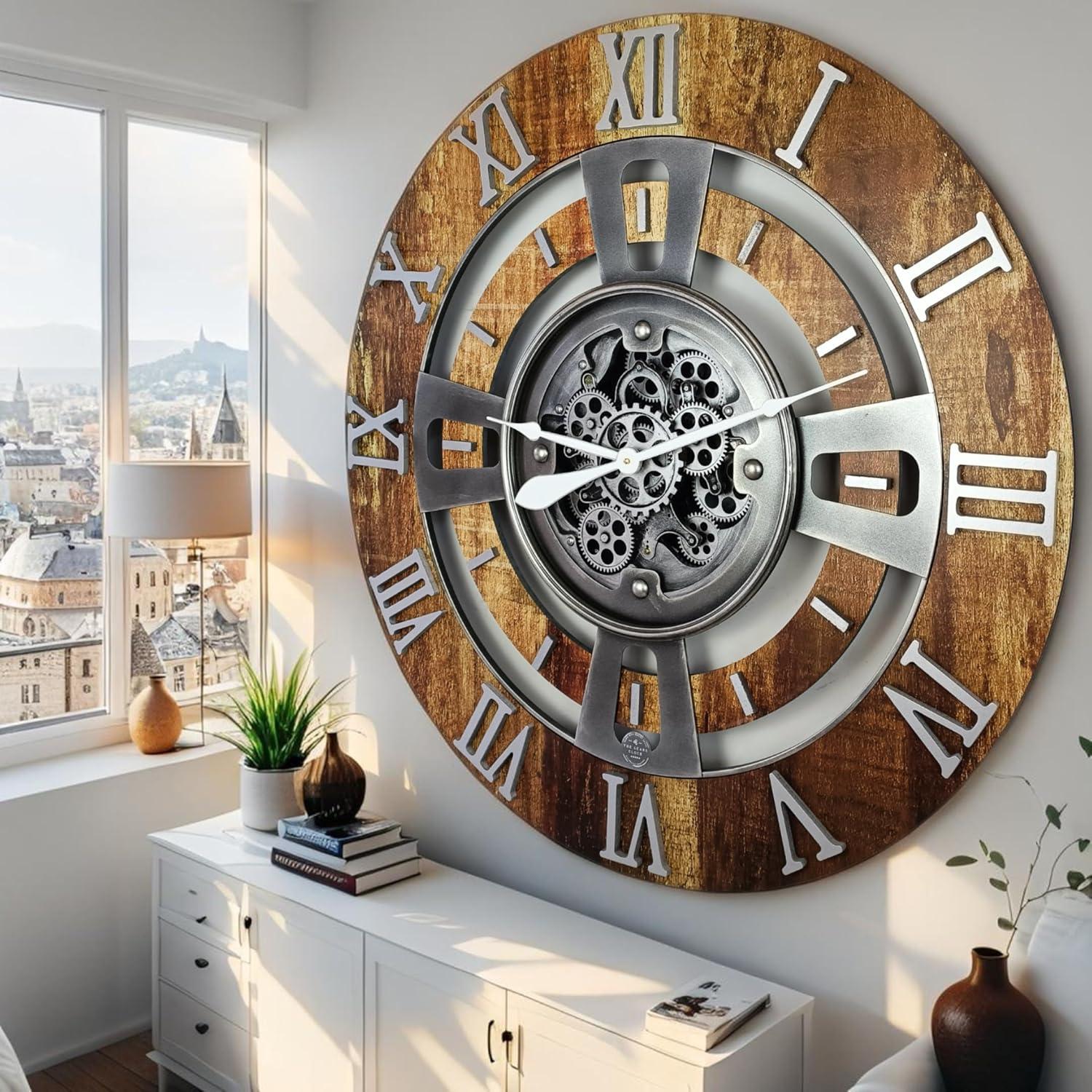 The Gears Clock Wall Clock 36" Oversized for Living Room decor with Real Moving Gears England Collection