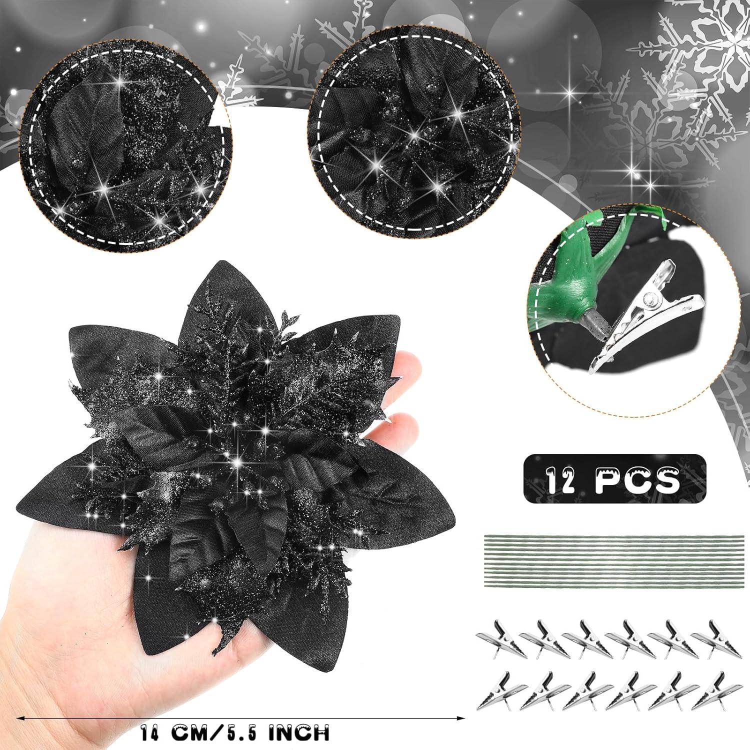 Glitter Christmas Poinsettia Artificial Xmas Flower Ornaments Flowers Decorations with Clips and Stems Glitter Poinsettia Christmas Tree Ornaments for Christmas Wedding (Black,36 Pieces)