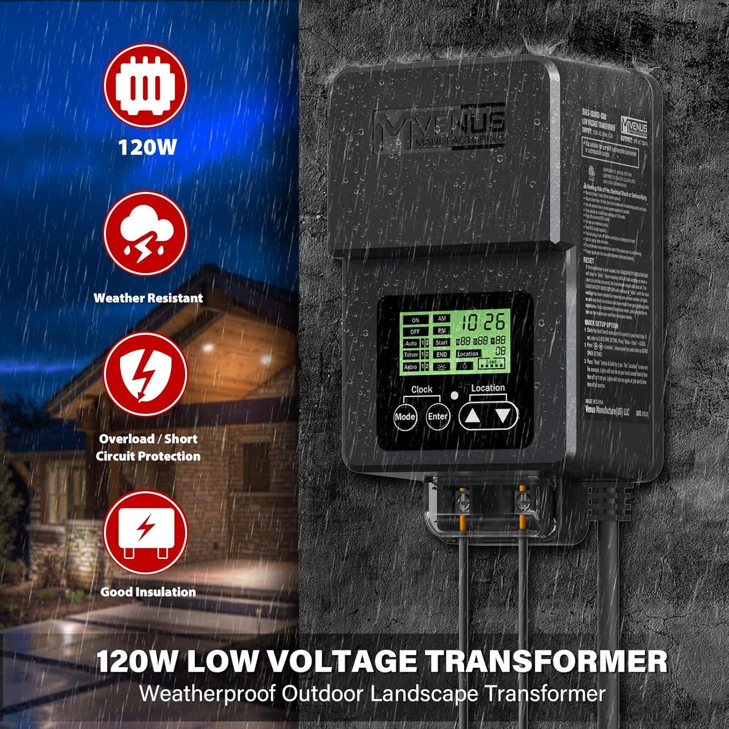 120W Outdoor Low Voltage Transformer with Timer and Photo Sensor, 120V AC to 15V AC Power Supply, Suitable for 12-15V Exterior Garden Landscape Lighting with ETL Listed
