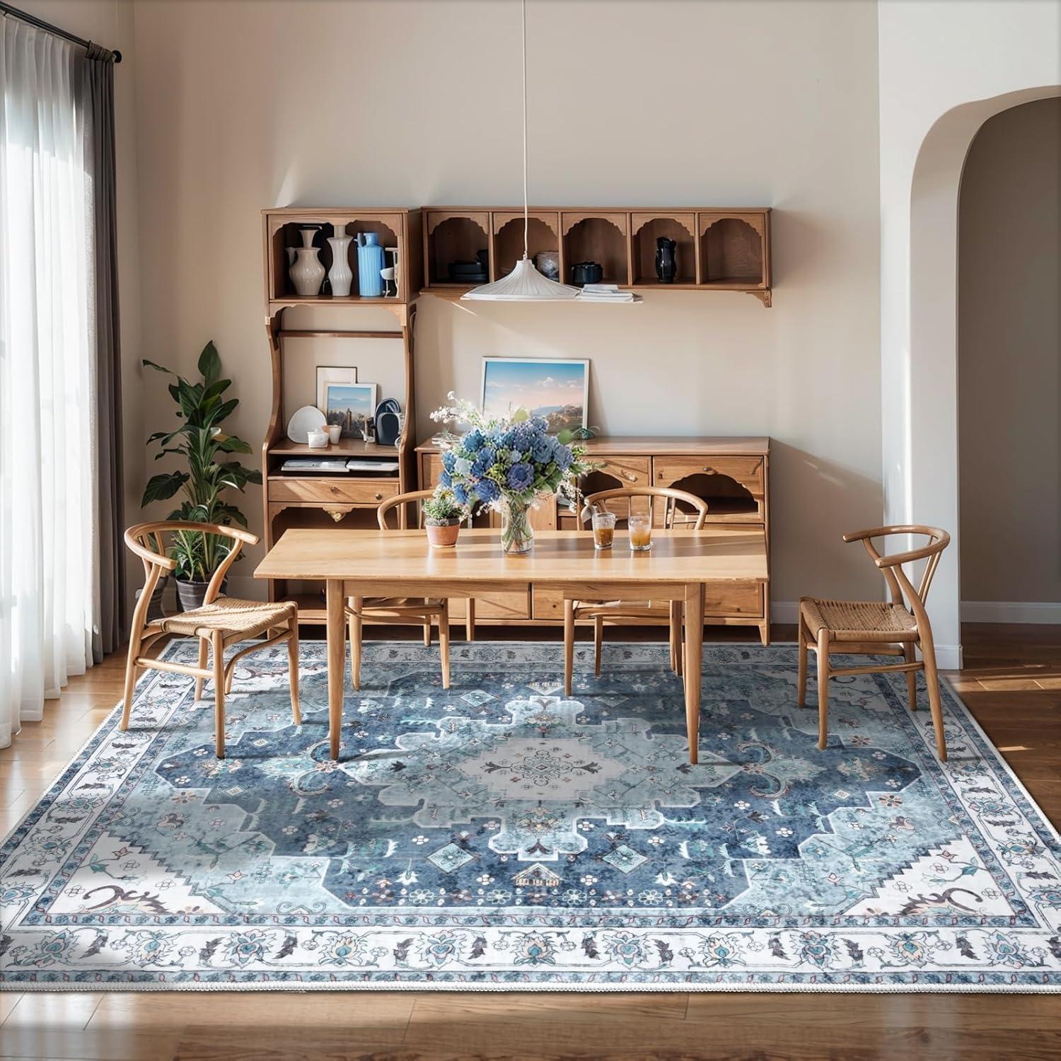 Wonnitar 5'x7' Area Rugs for Living Room Boho Tribal Washable Bedroom Rugs Large Soft Dining Room Mat Non Slip Indoor Carpet for Dorm Kitchen Nursery Dining Bedroom,Blue
