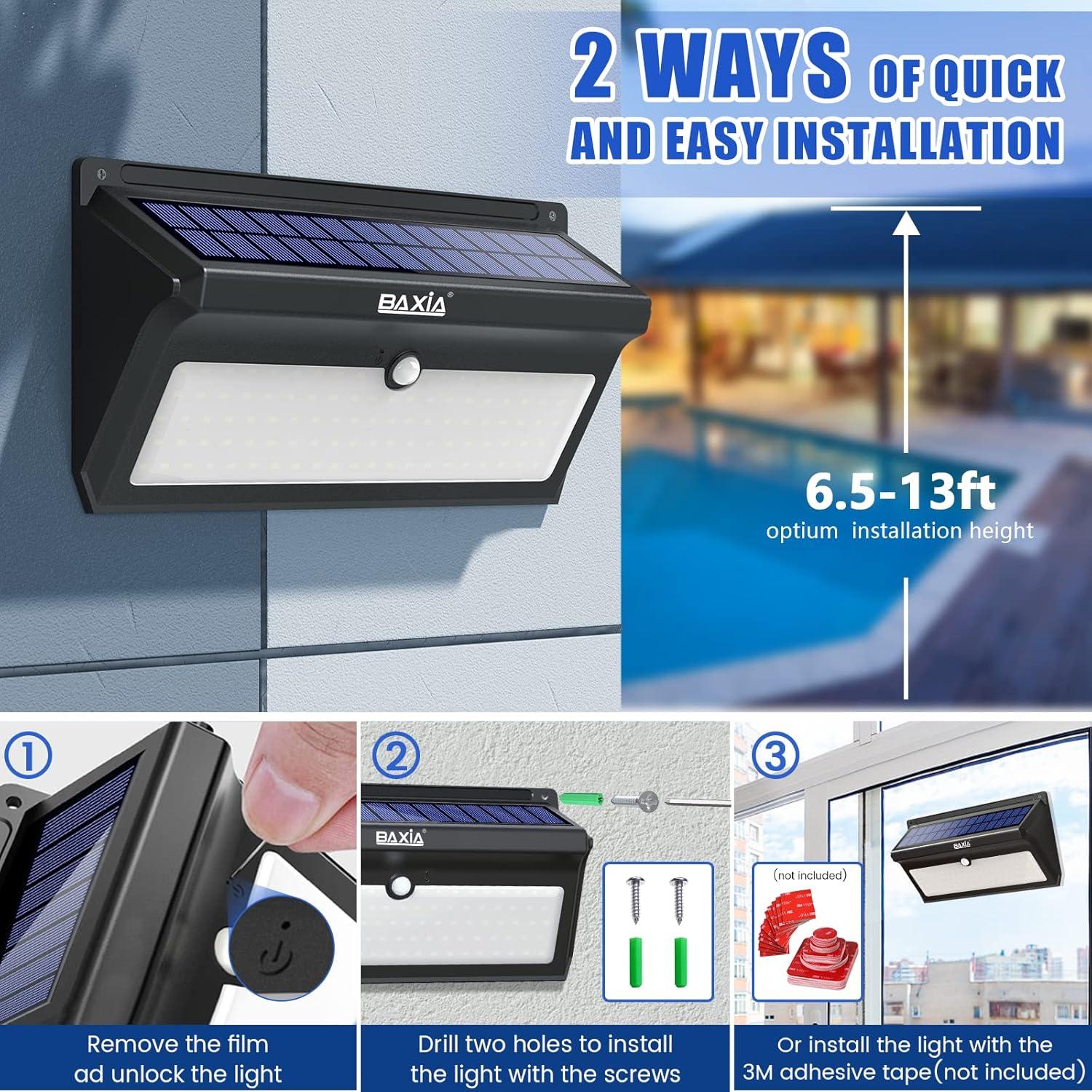 BAXIA TECHNOLOGY Solar Lights Outdoor, Wireless 100 LED Solar Motion Sensor Lights Waterproof Security Wall Lighting Outside for Front Door, Backyard, Steps, Garage, Garden (2000LM, 4PACK)