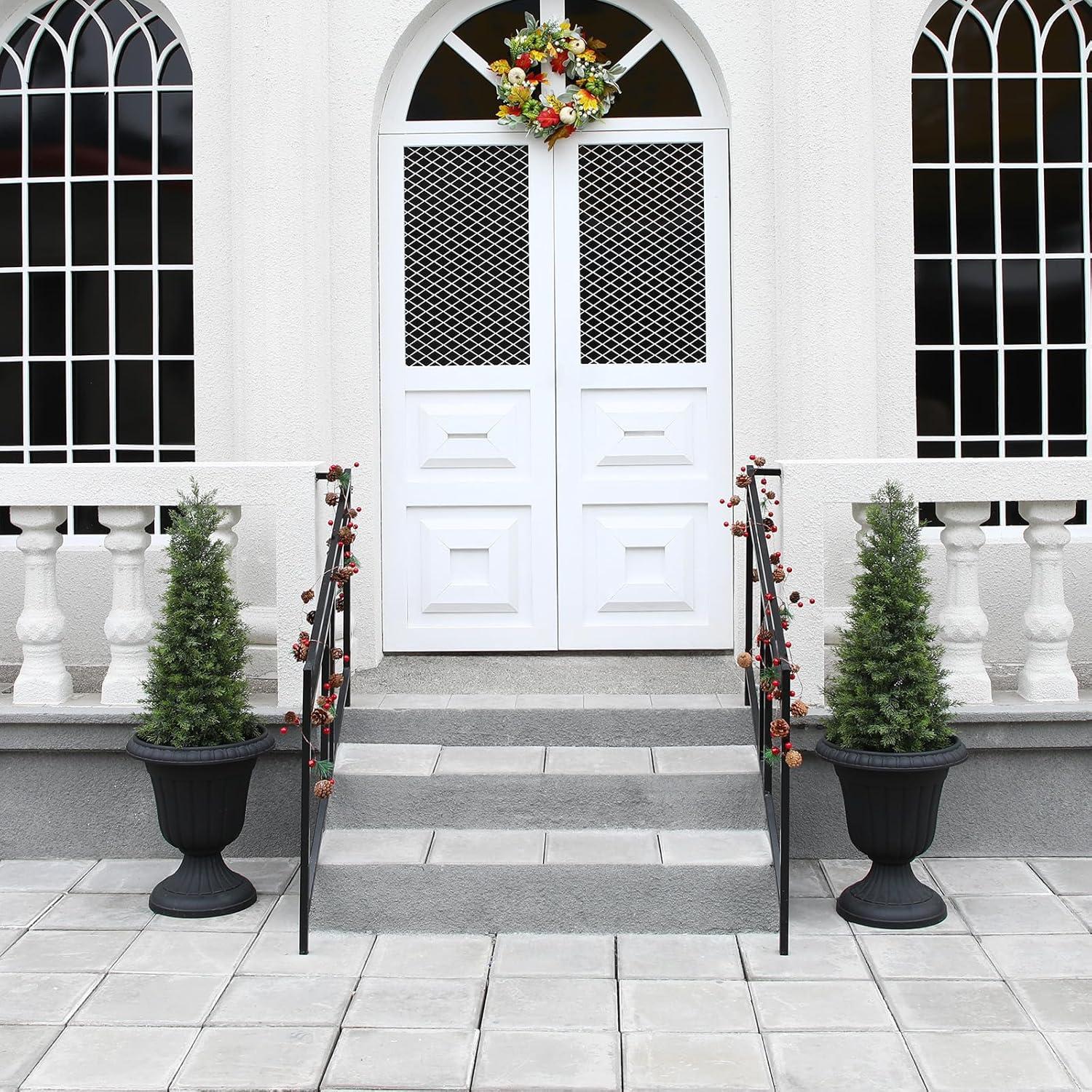 5ft Artificial Cedar Topiary Trees for Outdoors, Fake Cypress Plants with Solar Light String, Faux uv resistant Plants for Home Front Porch Decor, Housewarming Gift