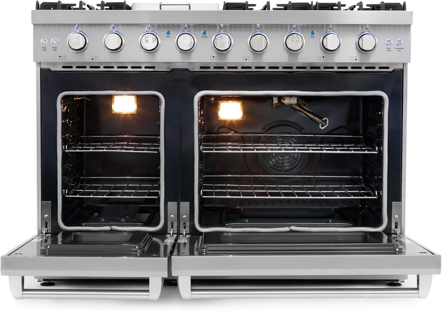 Cosmo 48 in. Haven Collection 7 cu. ft. Double Oven Gas Range, 6 Burners, Griddle, Convection, Knob LEDs, Stainless Steel