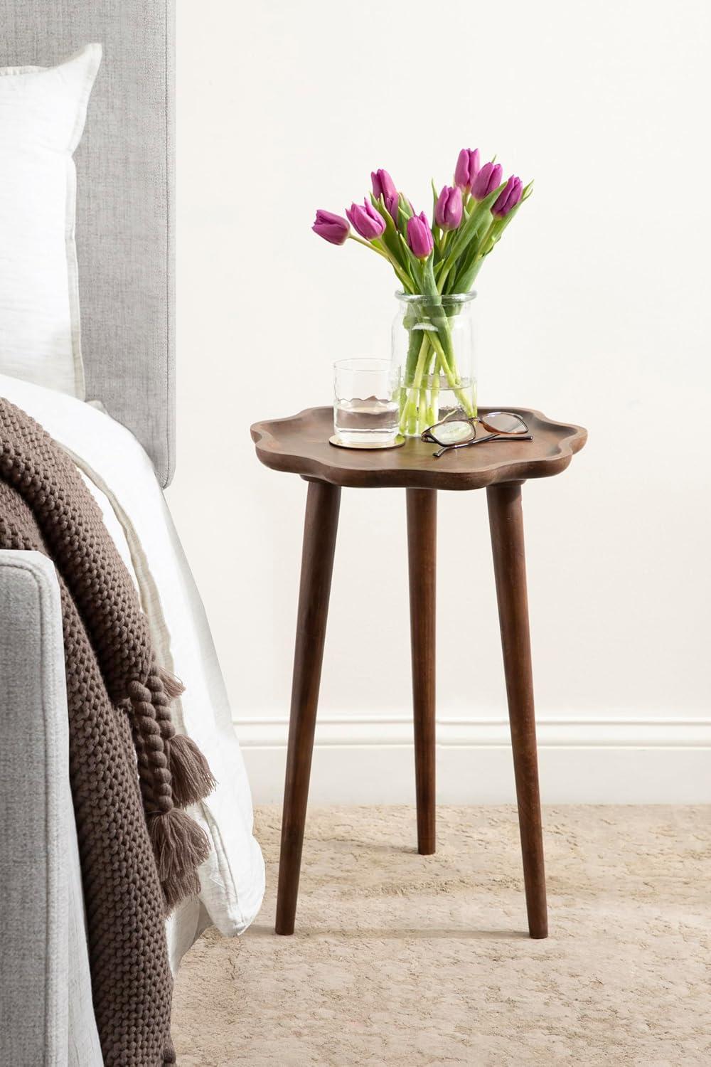 Walnut Brown Mango Wood Round Side Table with Wavy Edge