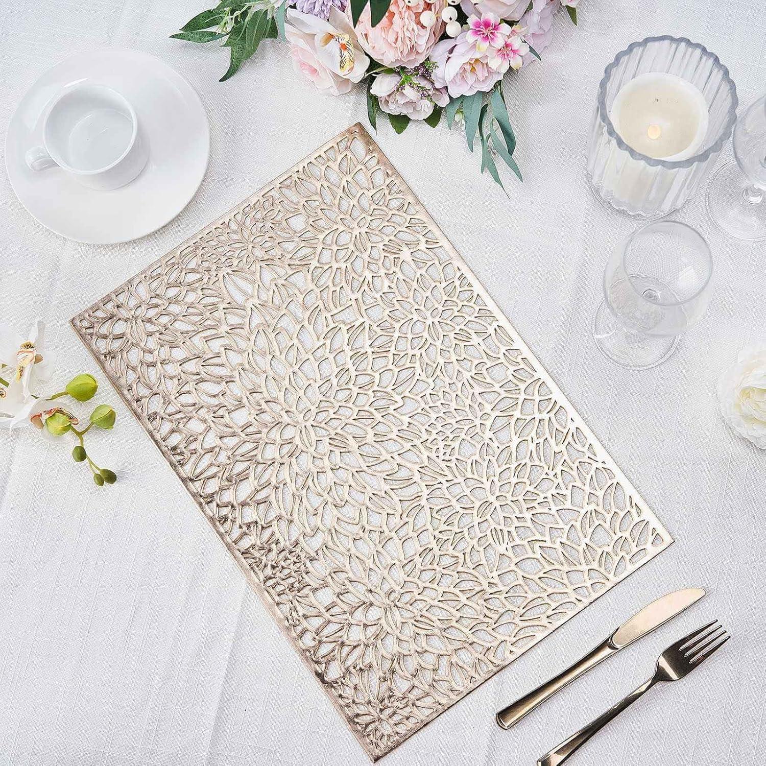 Efavormart 6 Pack 12"x18" Dining Table Mats Non Slip Vinyl Placemats - Floral Design - Gold for Wedding, Party, Home, Hotel,Table Decoration