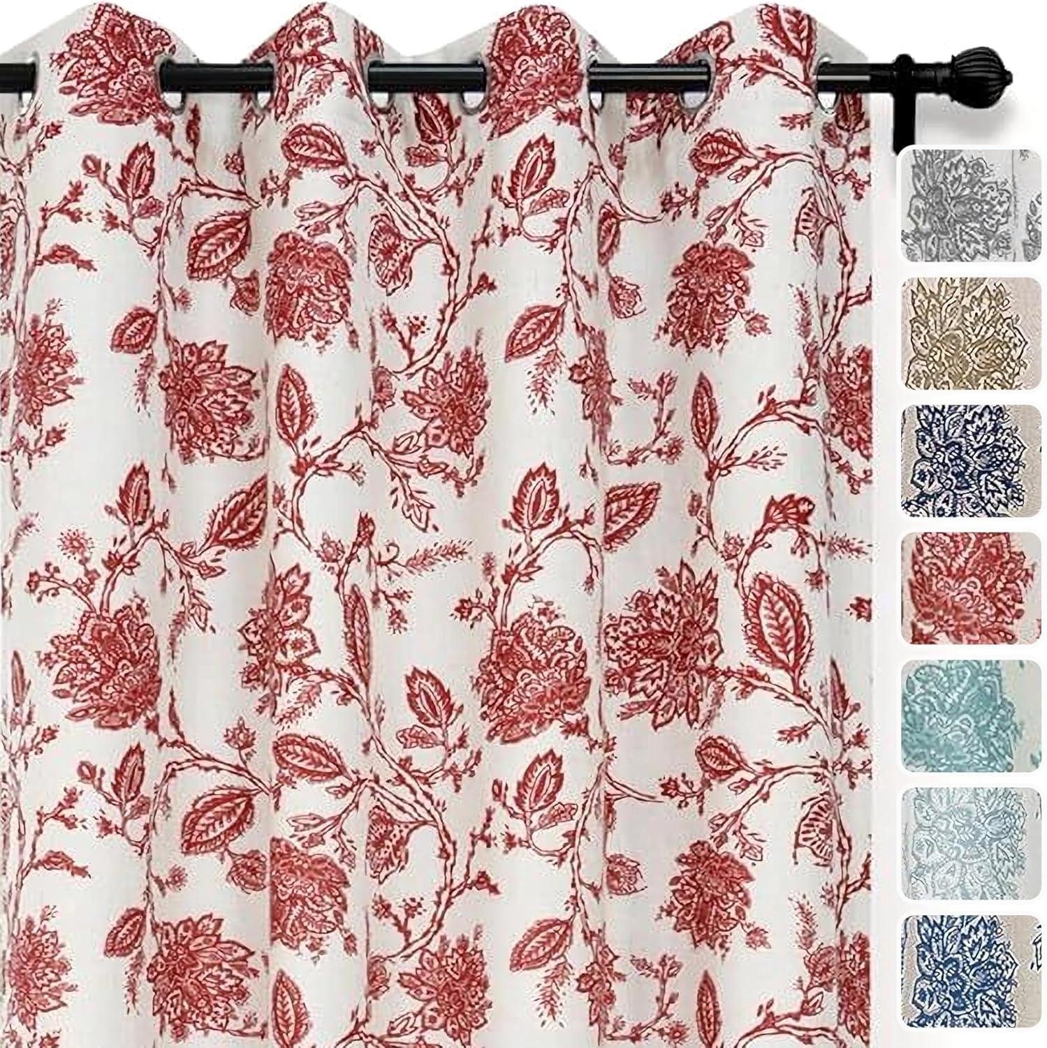 DriftAway Floral Linen Blend Lined Thermal Insulated Room Darkening Blackout Grommet Window Curtains 2 Panels 96"L x 52"W Red Beige