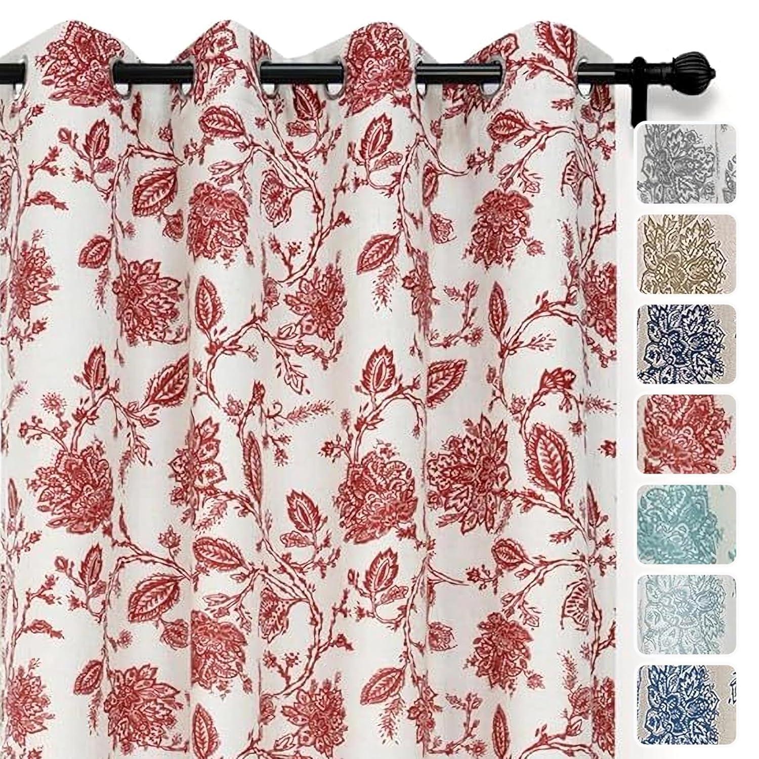 DriftAway Floral Linen Blend Lined Thermal Insulated Room Darkening Blackout Grommet Window Curtains 2 Panels 96"L x 52"W Red Beige