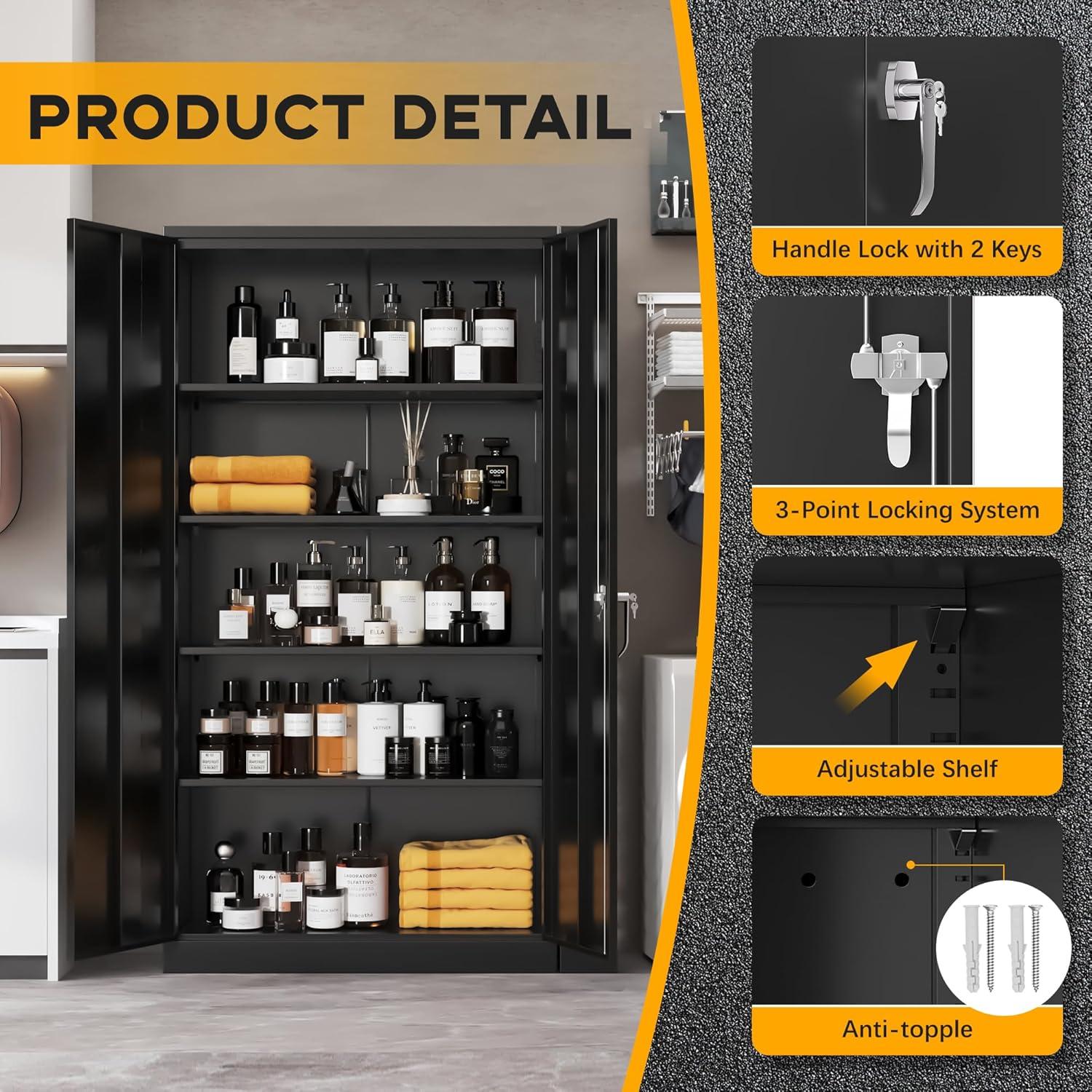 Greenvelly Metal Storage Cabinet with Lock, 72" H Black Metal Garage Storage Cabinet with Doors and 4 Shelves, Lockable Steel Tool Cabinets for Garage, Home, Office, Shop, School(36" W x 18" D)