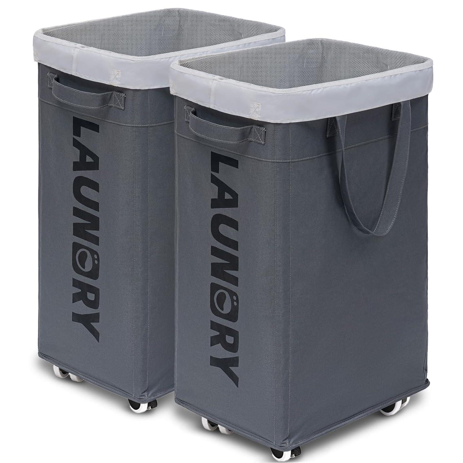 VOKIAL Laundry Basket With Wheels, 2PACK 75L Rolling Laundry Baskets With Removable Laundry Bags, Apartment Essentials, Collapsible Laundry Baskets, Laundry Bag, Corner Dorm Foldable Laundry Baskets, Slim Laundry Baskets