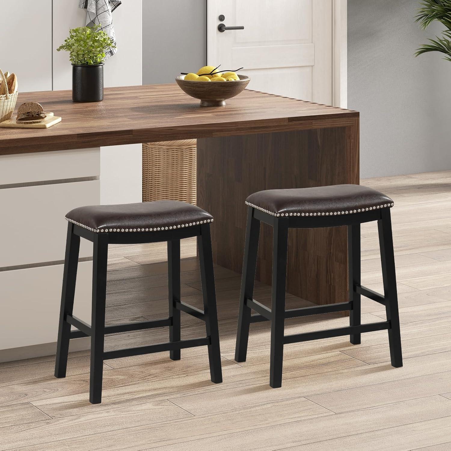 Costway 26-Inch Bar Stool Set of 2 Counter Height Saddle Stools with Upholstered Seat Brown