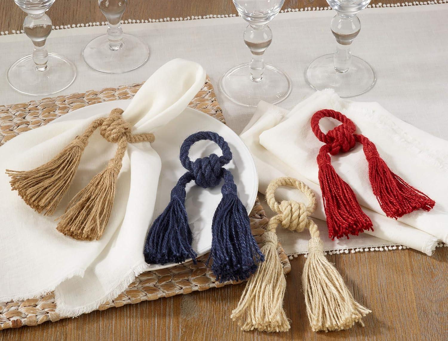 Saro Lifestyle Jute Tassel Napkin Rings (set of 4), Blue
