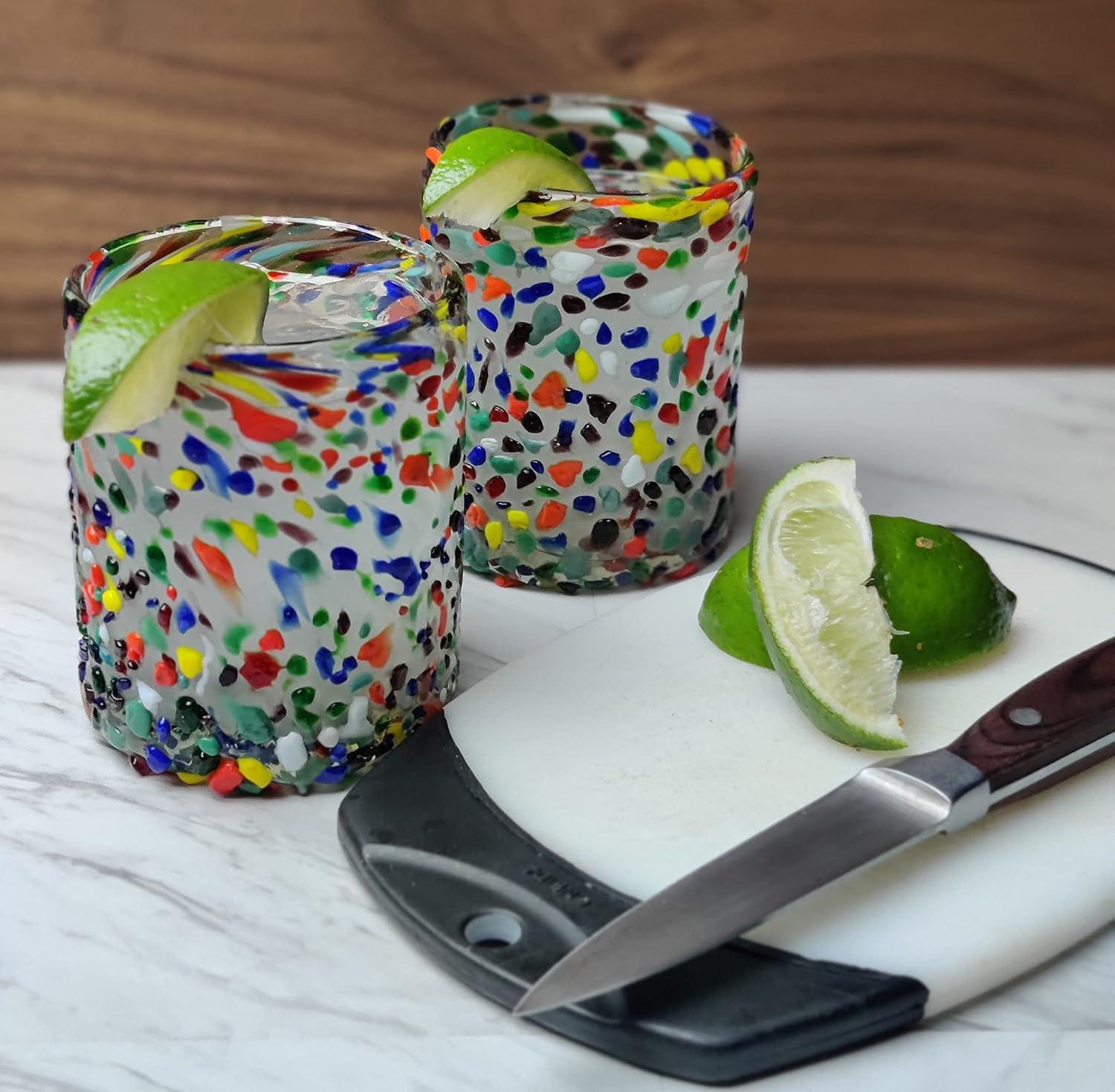 Dos Sueños Dos Suenos Hand Blown Mexican Drinking Glasses - Set of 6 Confetti Rock Tumbler Glasses (10 oz each)