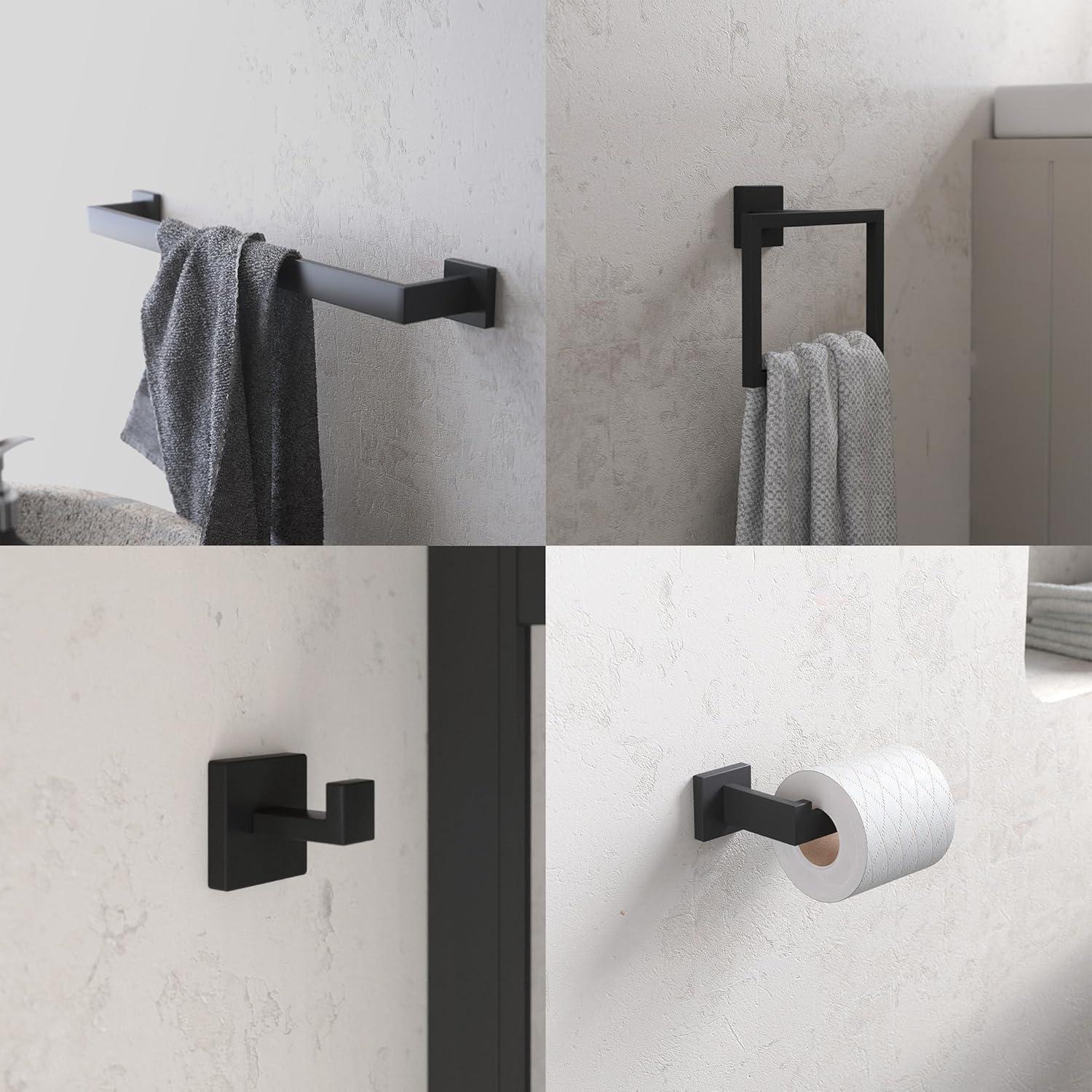 5 Pieces Square Matte Black Stainless Steel Bathroom Accessories Set Include 23.6 in Towel Bar, Toilet Paper Holder, Towel Ring, 2 Robe Towel Hooks