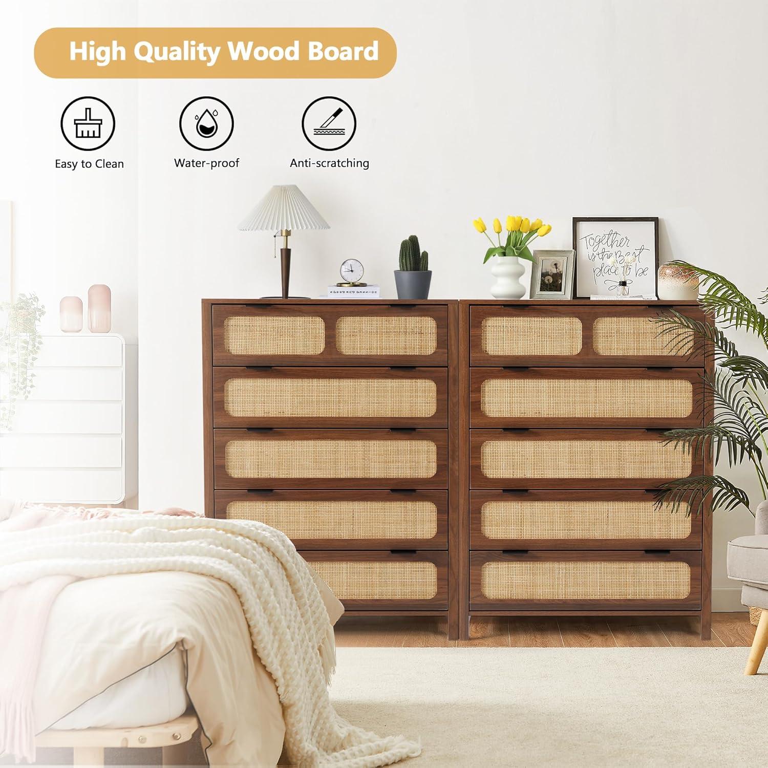 Walnut 5-Drawer Dresser with Rattan Fronts and Metal Handles