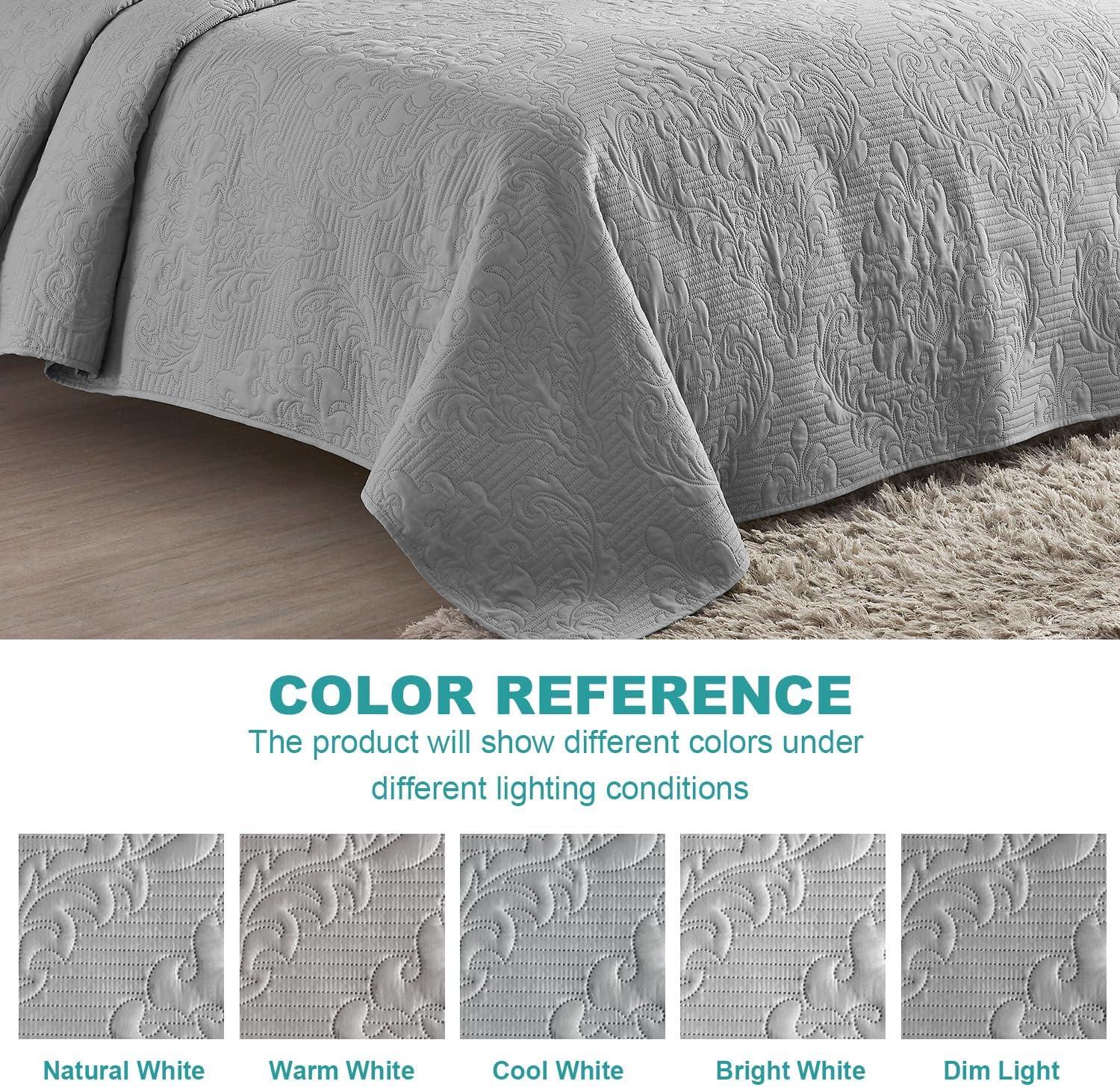 Hansleep Grey Quilt Queen Size - Damask Ultrasonic All Season Bedspread Queen, Soft Lightweight Coverlet Bedding Set, 3 Pieces (1 Quilt, 2 Pillow Shams)