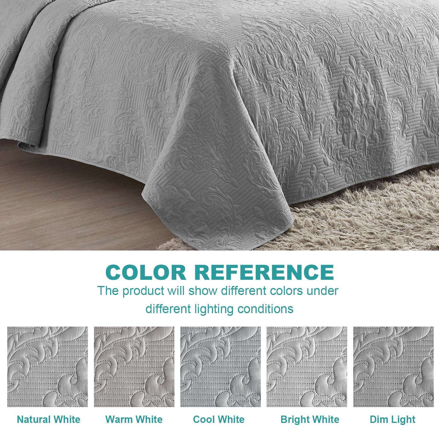 Hansleep Grey Quilt Queen Size - Damask Ultrasonic All Season Bedspread Queen, Soft Lightweight Coverlet Bedding Set, 3 Pieces (1 Quilt, 2 Pillow Shams)