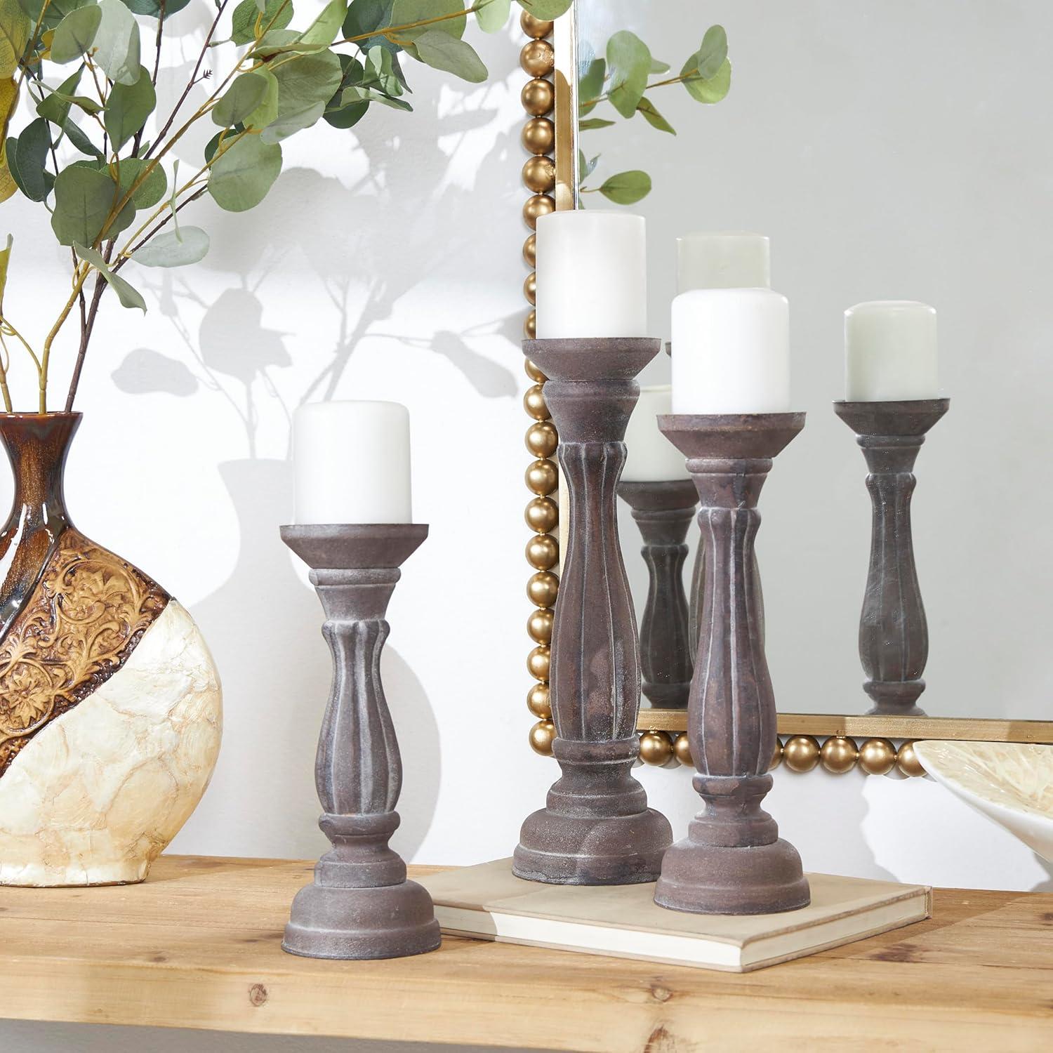 DecMode 3 Candle Brown Wood Candle Holder, Set of 3