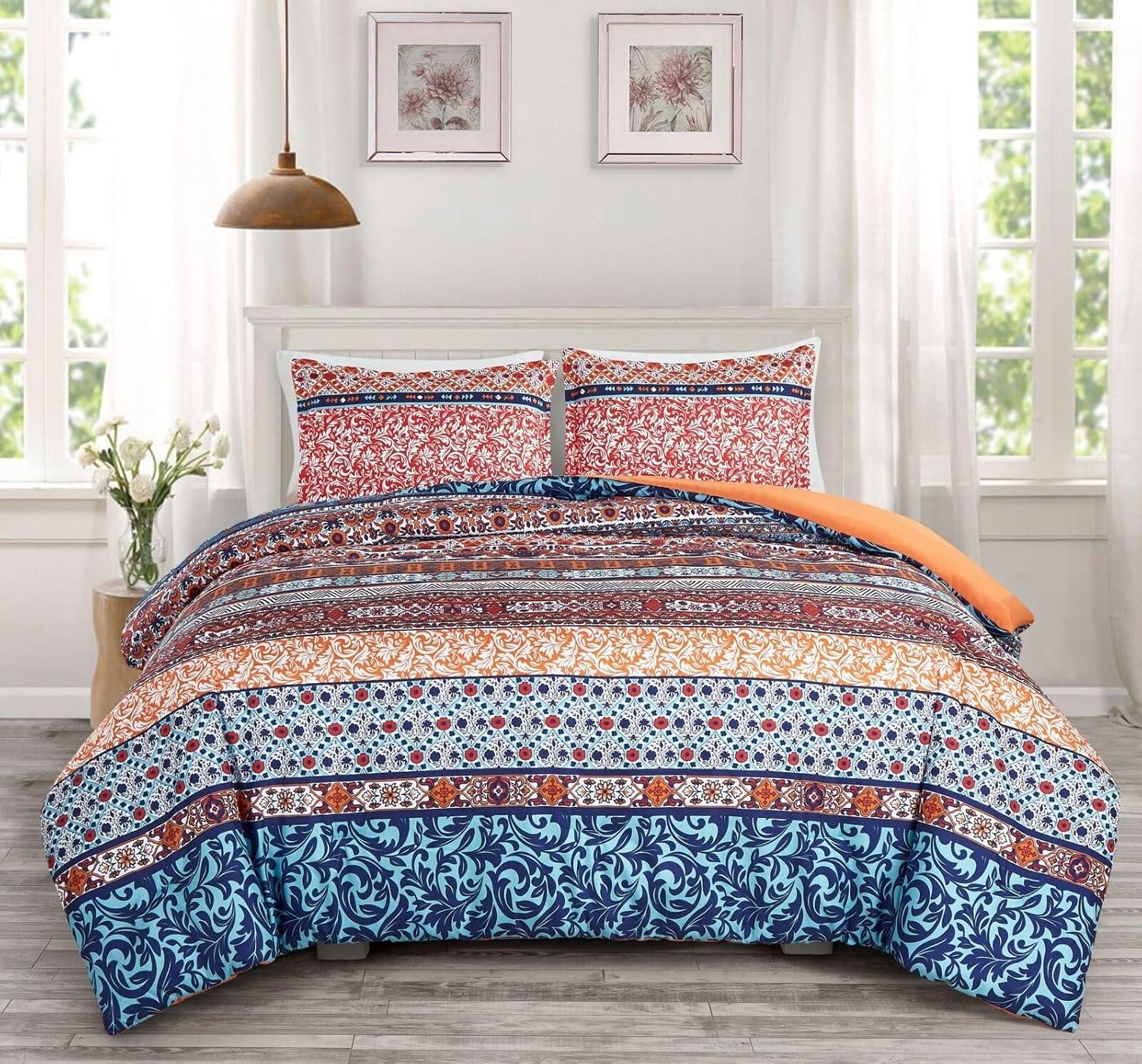 Chezmoi Collection Shore 3-Piece Boho Stripe Full Comforter Set, Medallion Floral Colorful Bohemian Printed Microfiber Lightweight Bedding Set