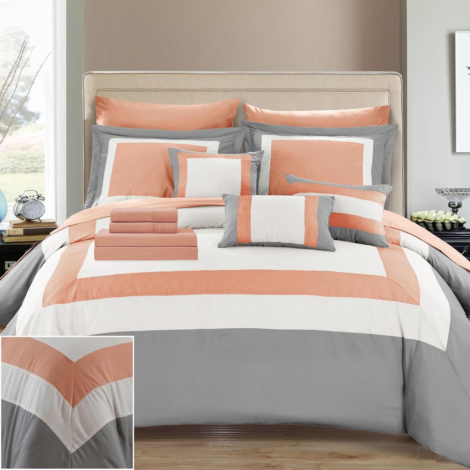 Chic Home 10-Piece Pink Color Block Comforter Bed in a Bag, Queen