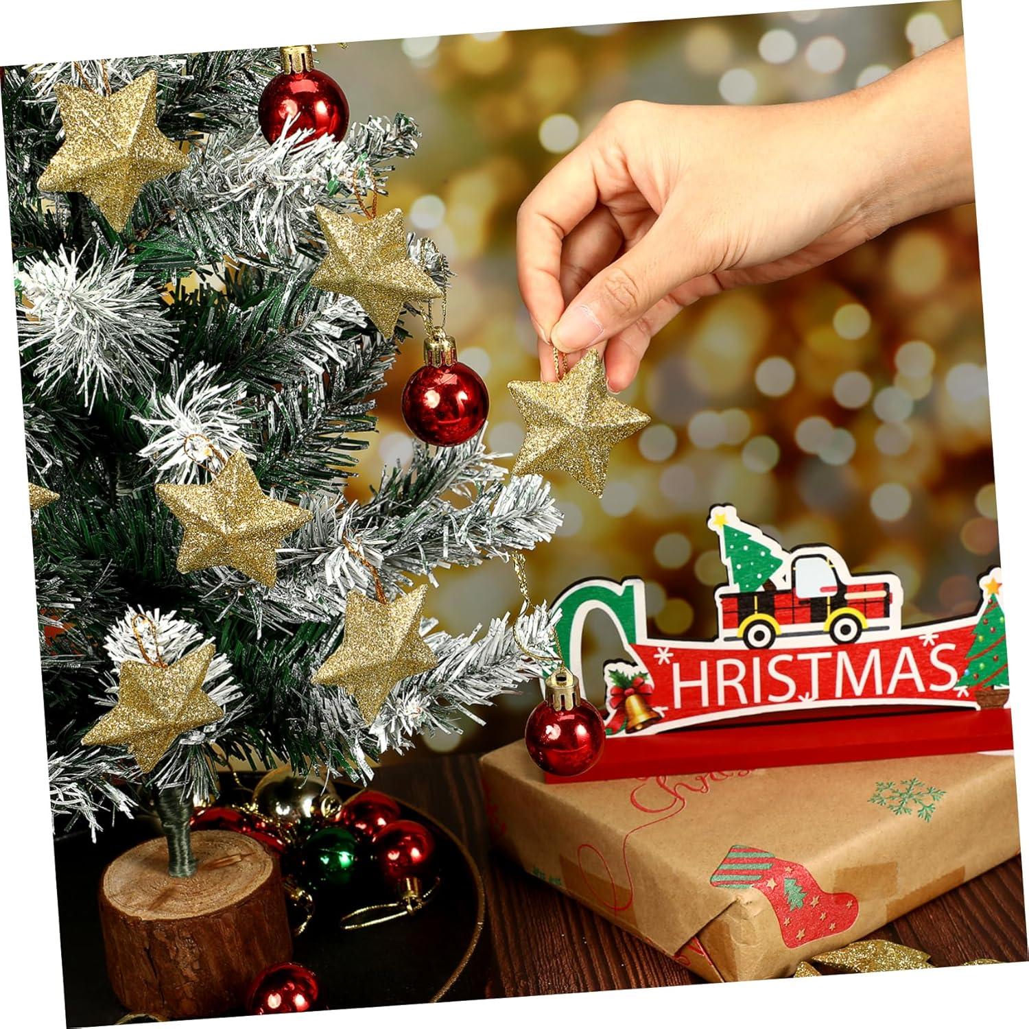 30Pcs Mini Gold Glitter Star Pendant Christmas Tree Hanging Decorations Xmas Star Pendant Tree Ornament Decoration for Christmas