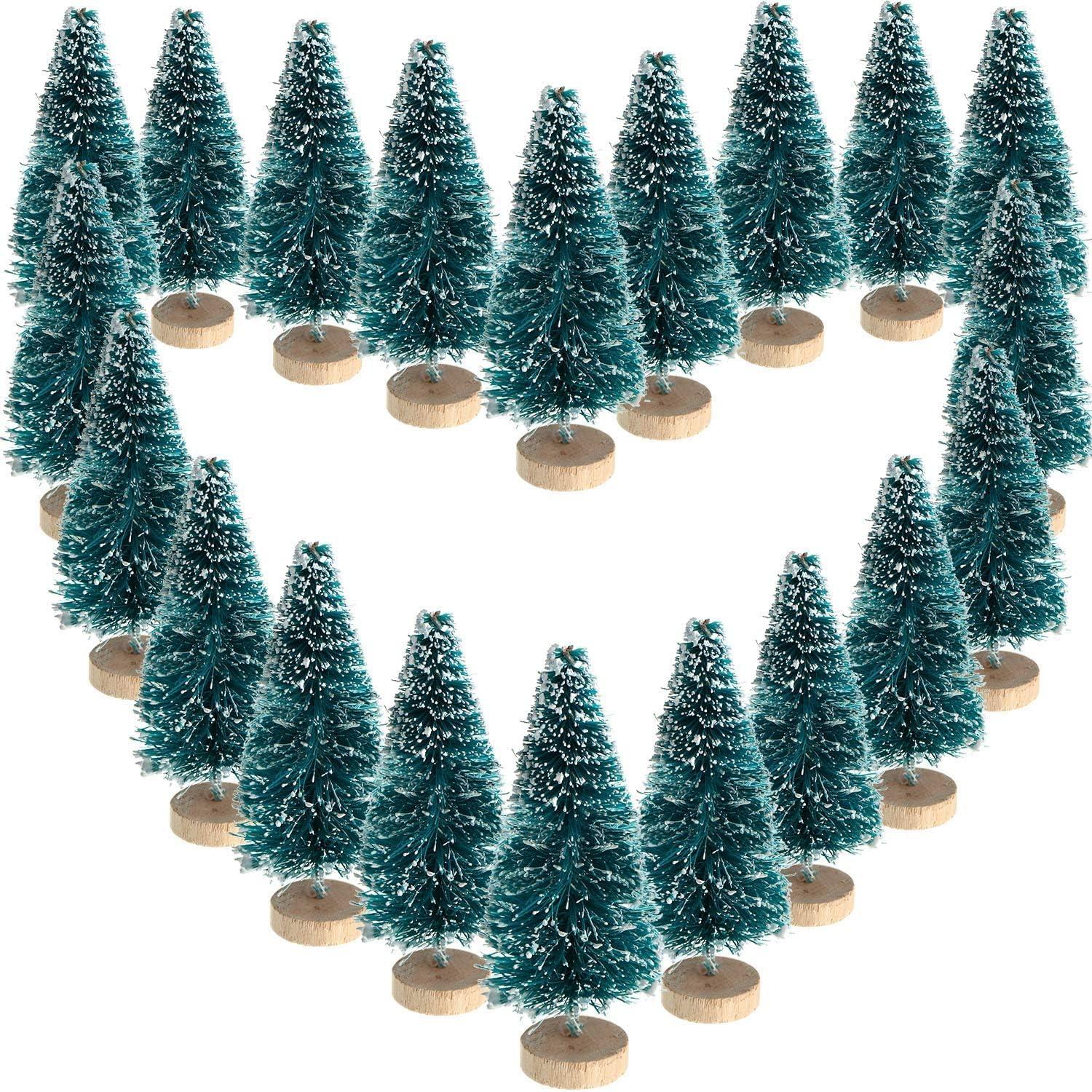 Mini Blue-Green Plastic Tabletop Christmas Trees with Wood Base