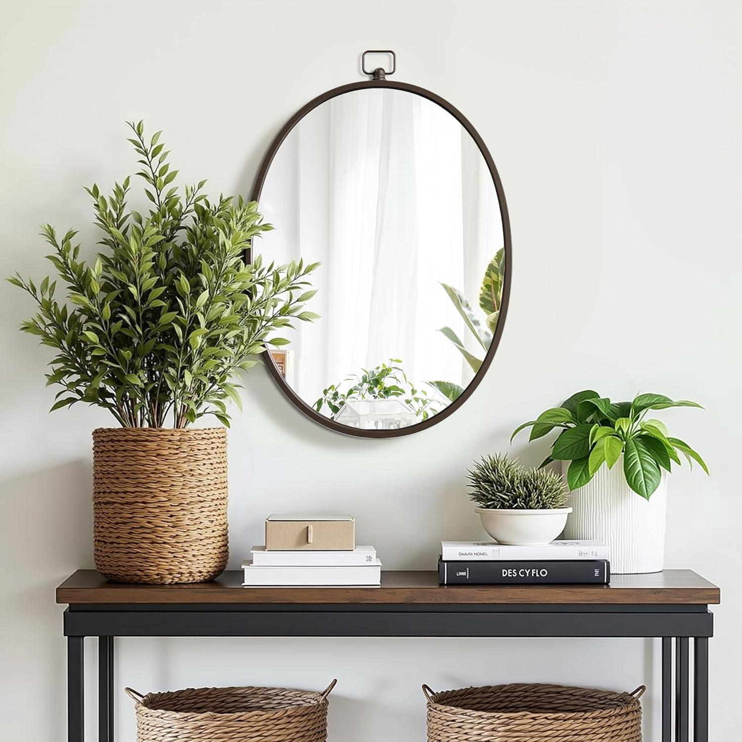 Barnyard Designs Round Metal Framed Wall Mirror for Bathroom Vanity, Bedroom, Circle Desk Mirror (24", Iron Metal Grey)