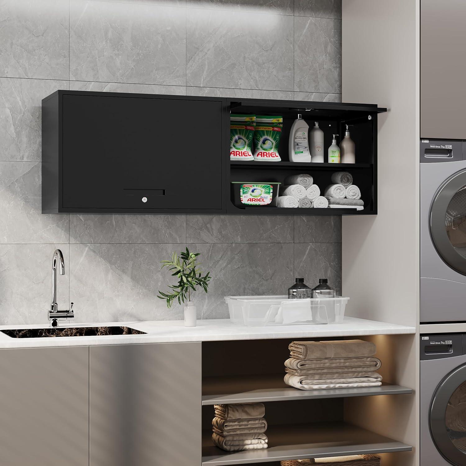 Metal Storage Cabinet Black Wall Cabinets with Shelf and Locking Door - Wall Mounted Storage Cabinet for Garage Warehouse Home Office - Assembly Required