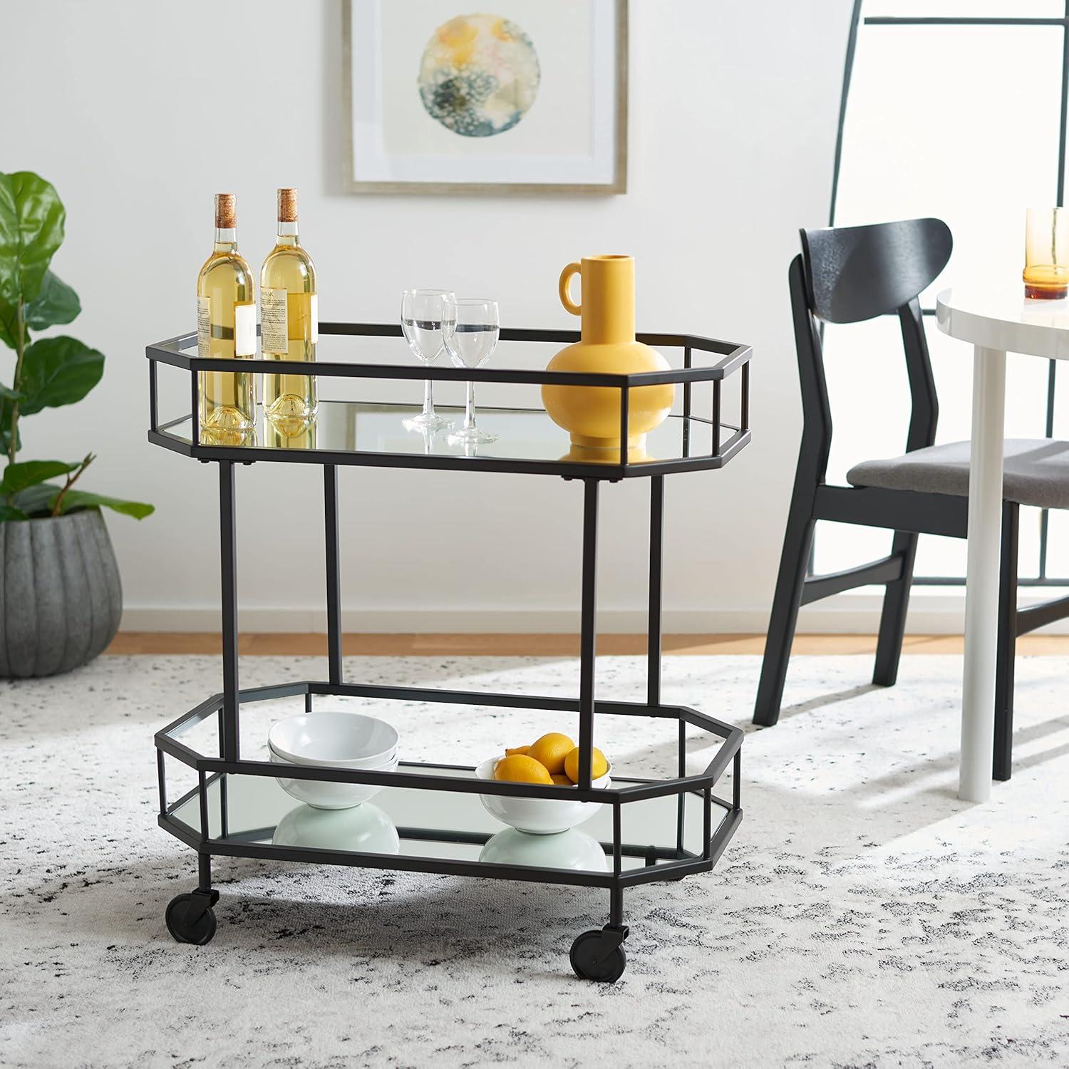 SAFAVIEH Silva 2 Tier Modern Glam Octagon Bar Cart with Casters, Black (29.6 in. W x 16.5 in. D x 29.8 in. H)