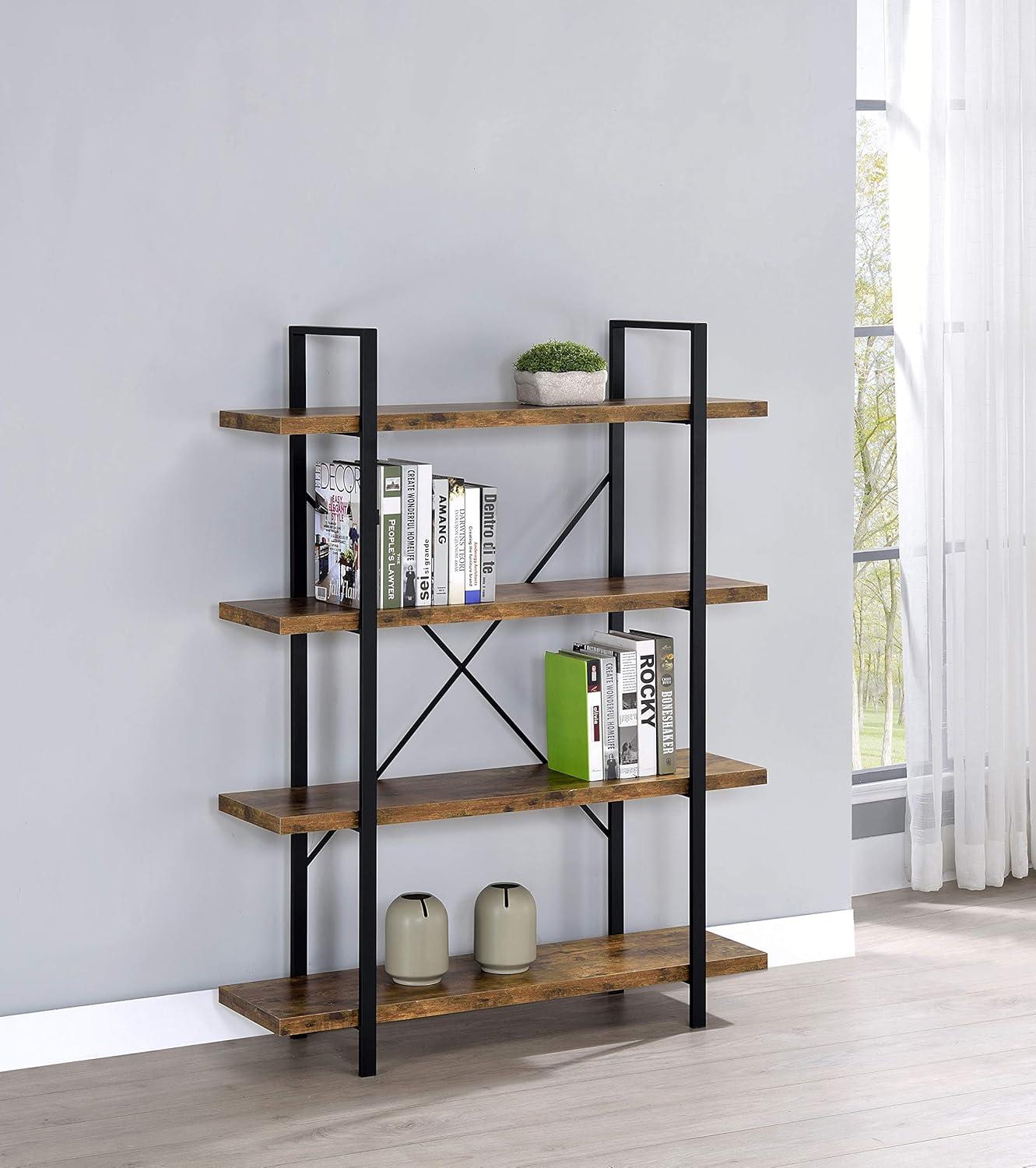 Rustic 55" Brown and Black Transitional 4-Shelf Bookcase