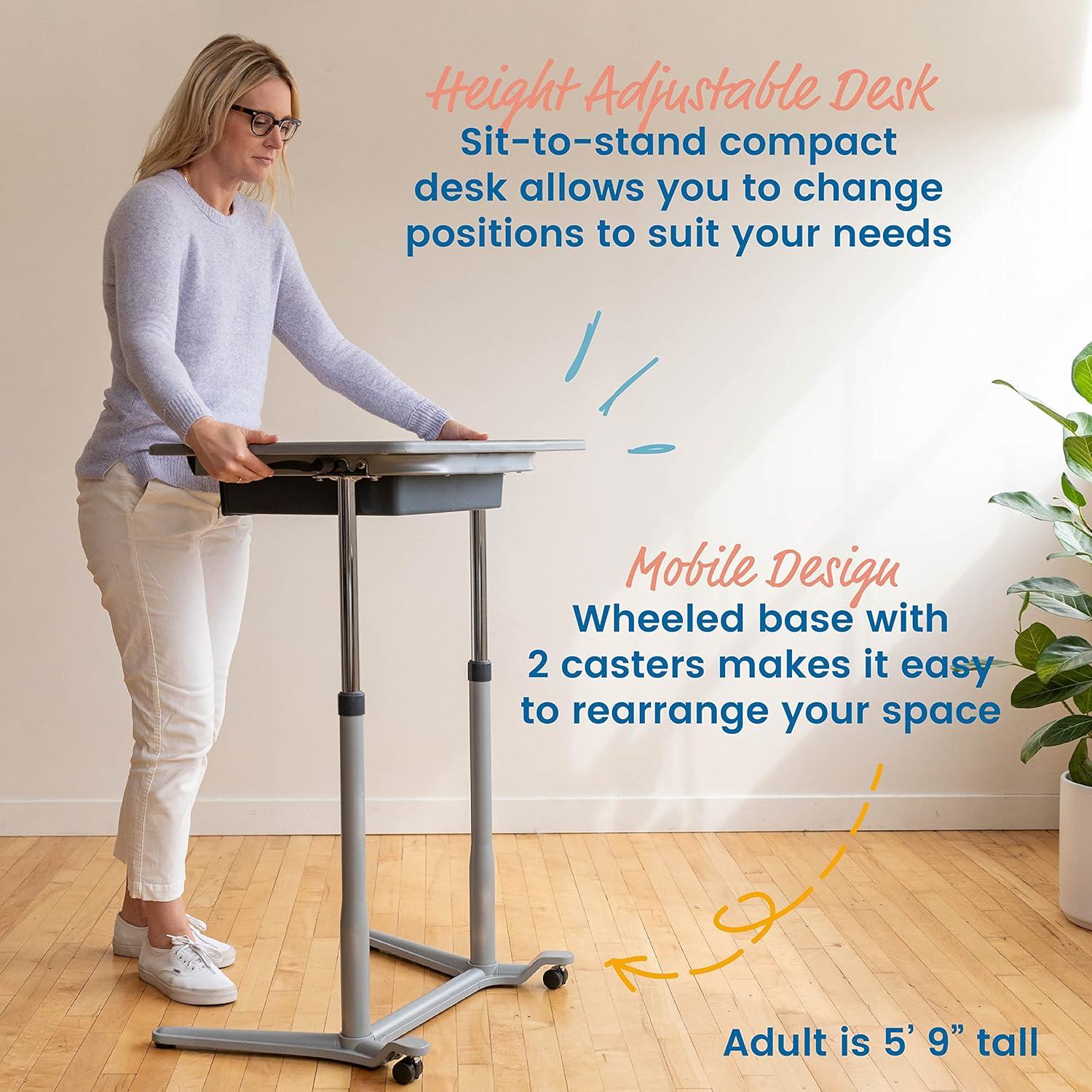 Adjustable Gray Sit-Stand Mobile Desk with Storage