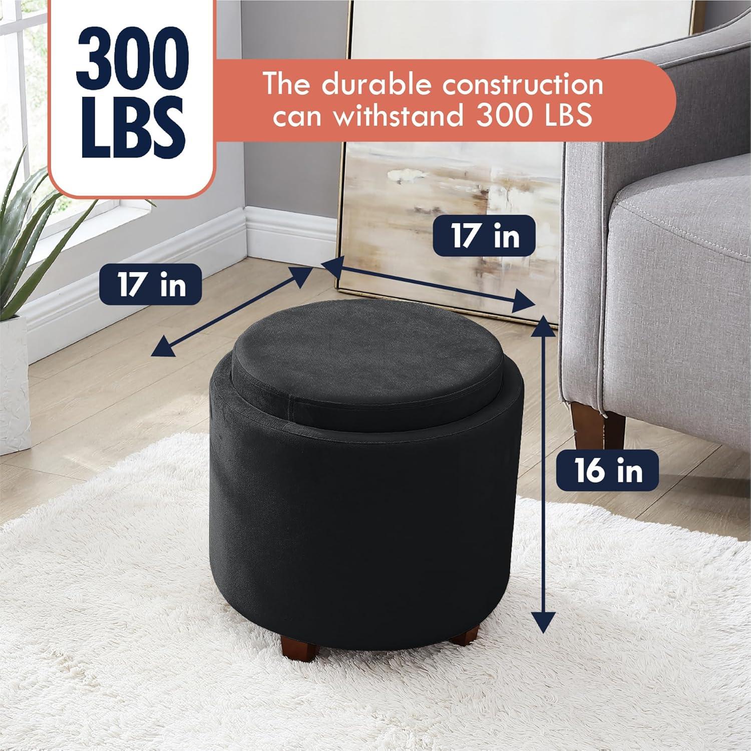 Ornavo Home Lawrence Round Storage Ottoman with Table Top Lid - Velvet Black