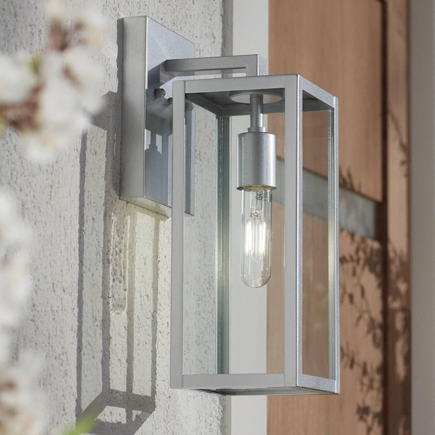 Silver Rectangular Box Outdoor Wall Light with Clear Glass