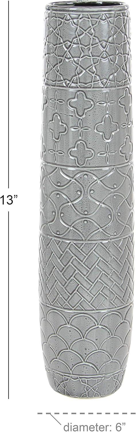 Ceramic Slim Engraved Patterned Decorative Gray Vase