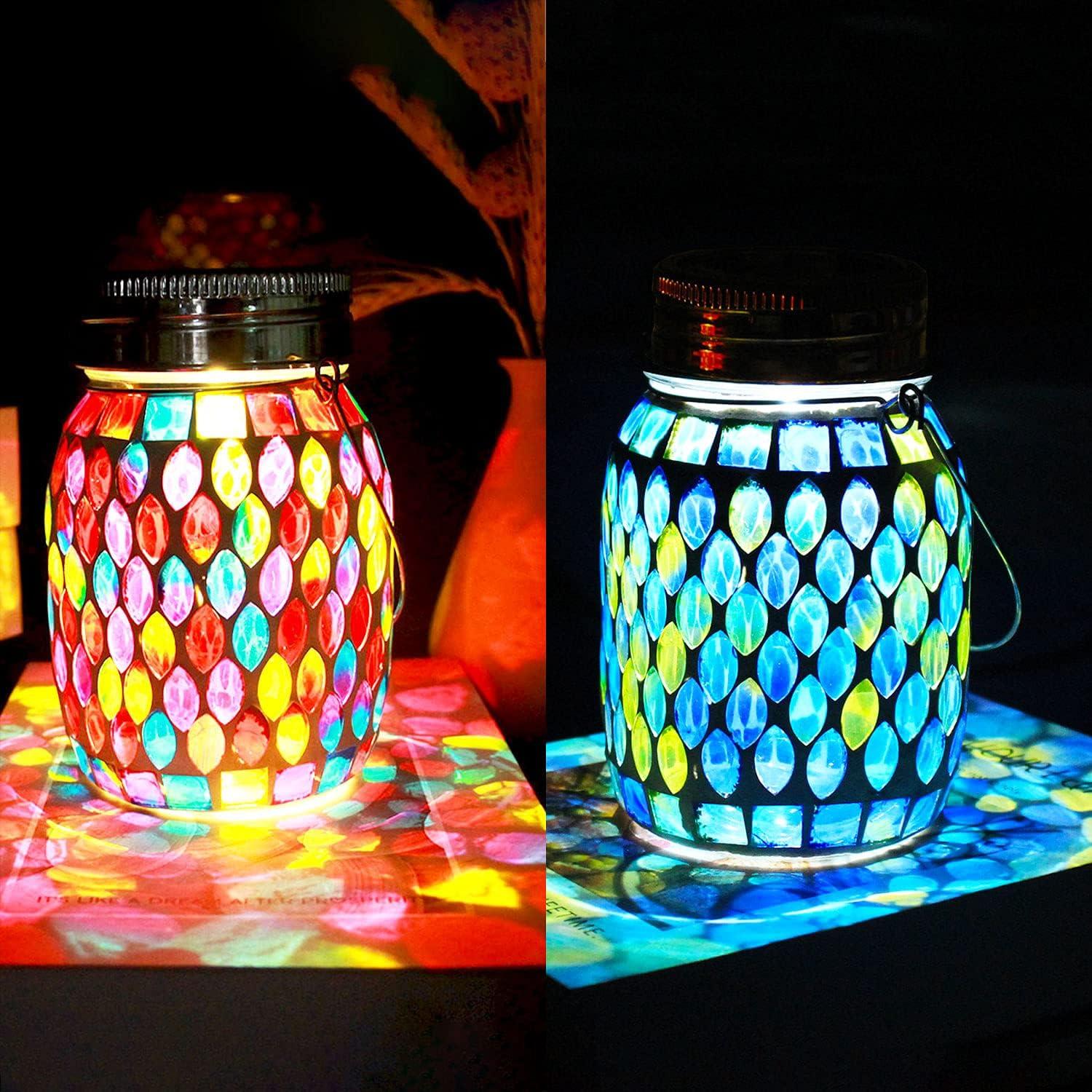 Colorful Mosaic Glass Solar Hanging Lanterns with LED Lights