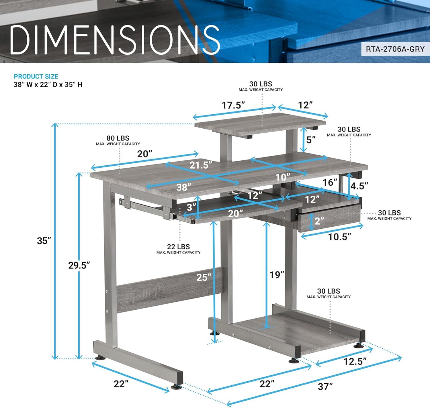 Complete Computer Workstation Desk Gray - Techni Mobili: With Drawer, Steel Frame, MDF Surface