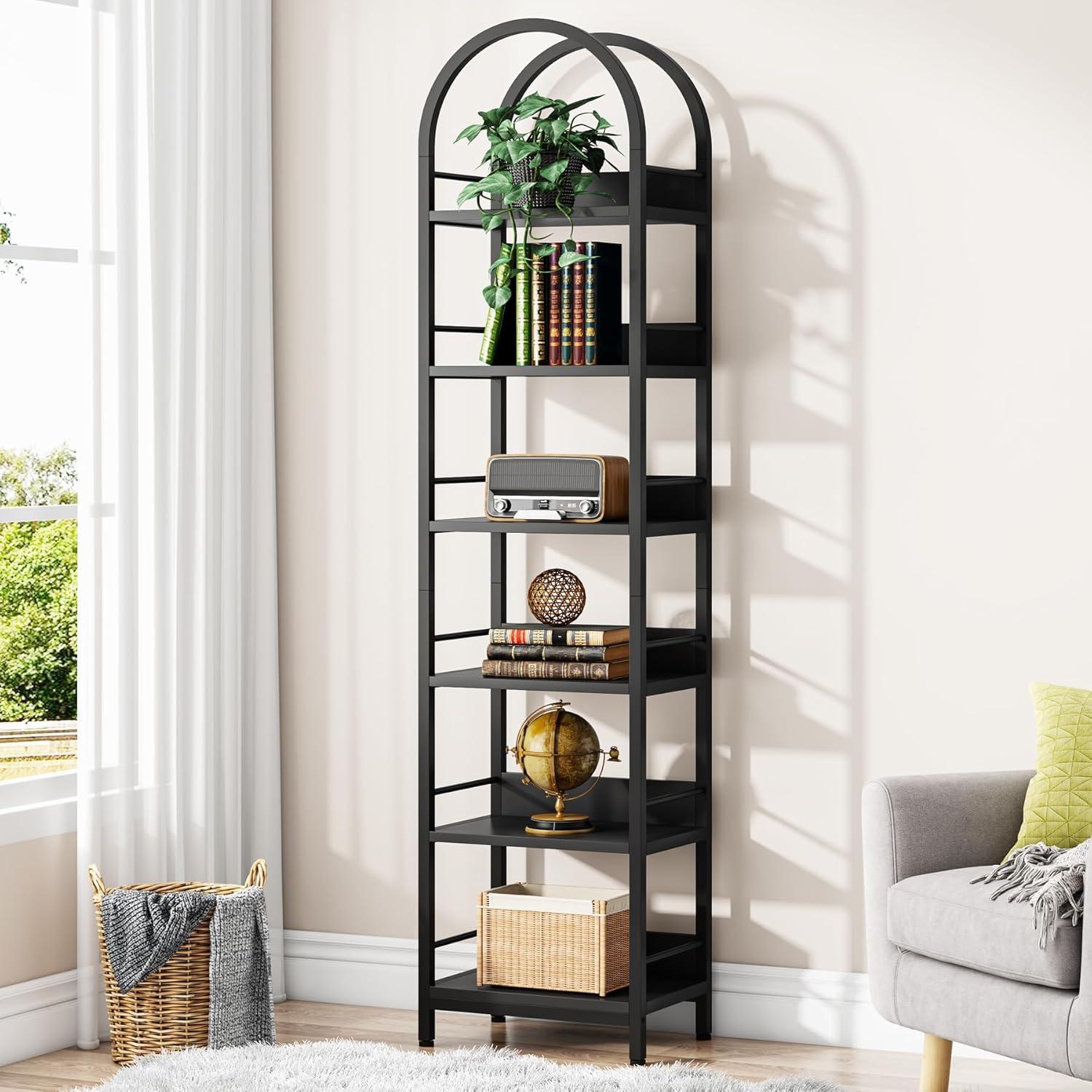 Black Arched 6-Tier Metal and Wood Bookshelf