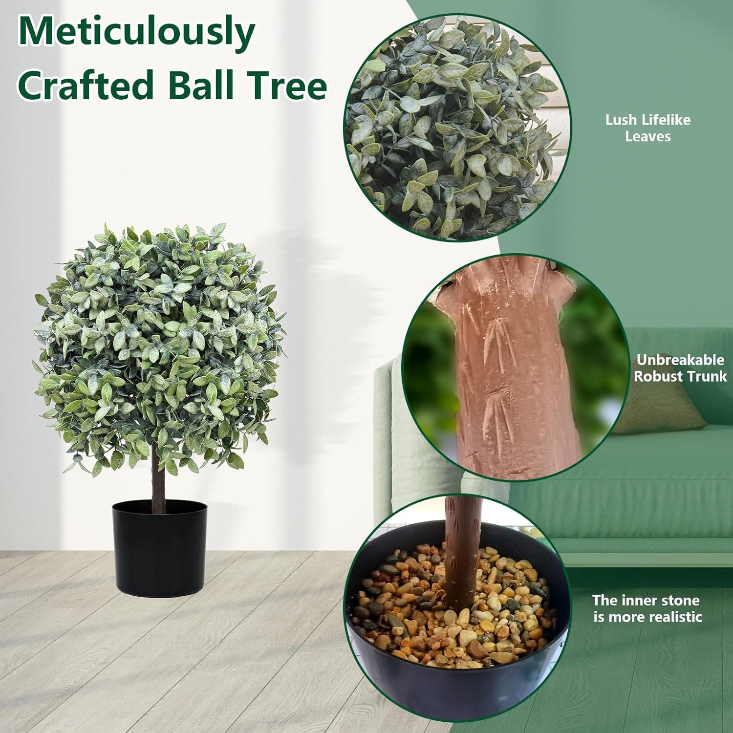 22’’ Faux Boxwood Topiary Ball Tree Set of 2, Artificial Plants Outdoor Weather Resistant, Cement-Filled Potted Bushes, Evergreen Topiary Trees Artificial for Porch Decoration Indoor Outdoor