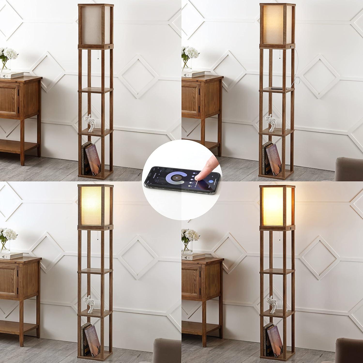 Etagere 63.5" Rustic Bohemian Wooden LED 3-Shelf Floor Lamp with Pull-Chain, USB Charging Port and Smart Bulb, Brown