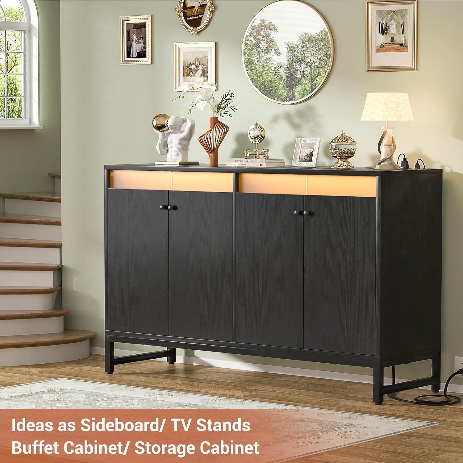 Black MDF Sideboard Buffet Cabinet with LED Light and Power Outlet