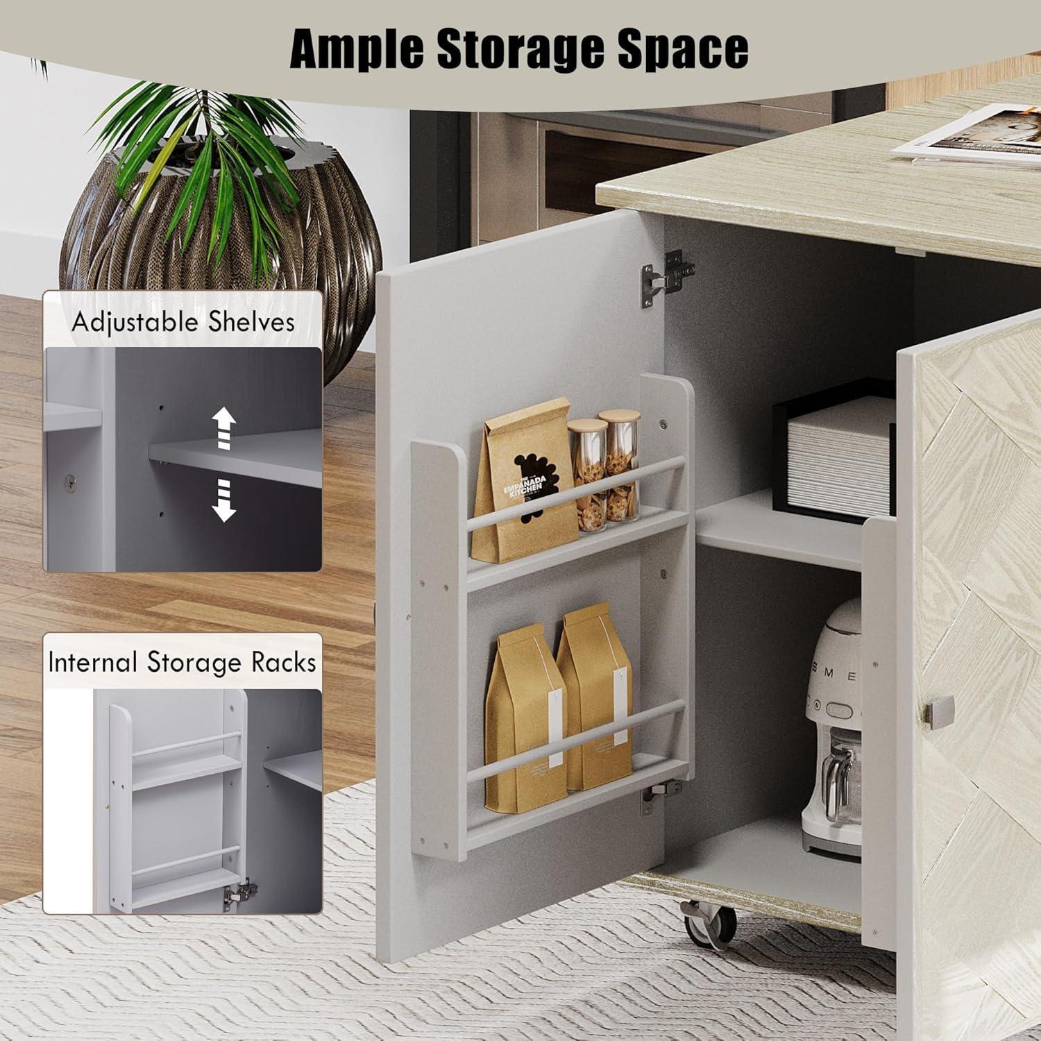 51.2" Ash Veneer Solid Wood Handwoven Kitchen Island with Drop Leaf,Coastal Dining Island on Wheels W/Internal Storage Rack,Rolling Dining Cart,Easy Assembly,for Kitchen,Dining Room,Champagne