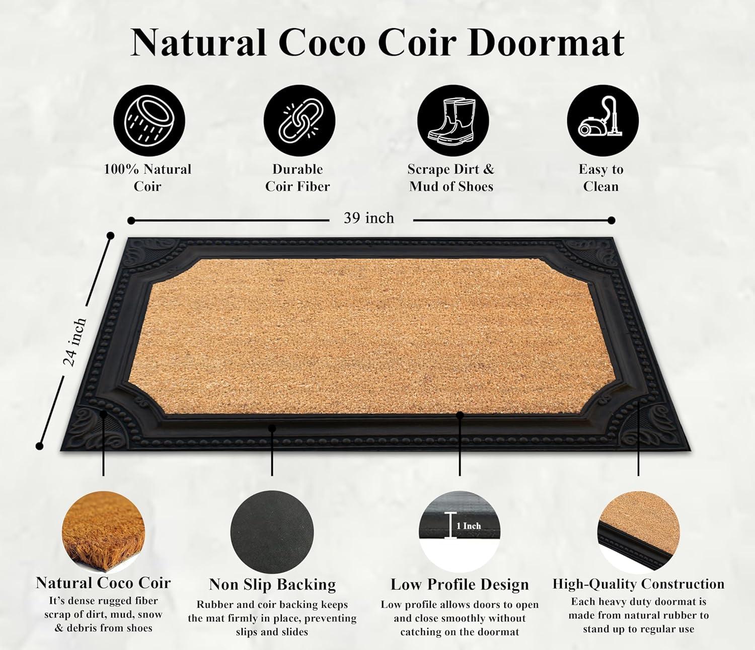 A1 Home Collections Natural Coir and Rubber Door Mat, 24x39, Thick Durable Doormats for Indoor Outdoor Entrance, Heavy Duty, Long Lasting, Front Porch Entry Rug, Black Finish (RC208-BLNW-24X39)