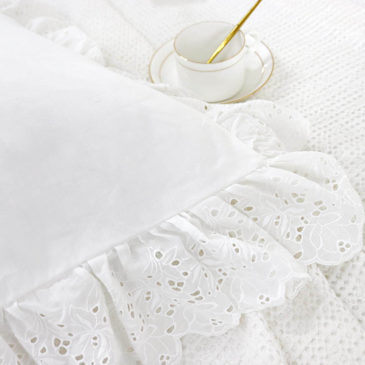 Lemfux Cotton Euro Shams with White Lace Ruffles, 26 x26 Inch, Set of 2,Rustic Farmhouse Lace Shabby Soft Breathable Bridal Pure White European, White Decorative Pillow Covers
